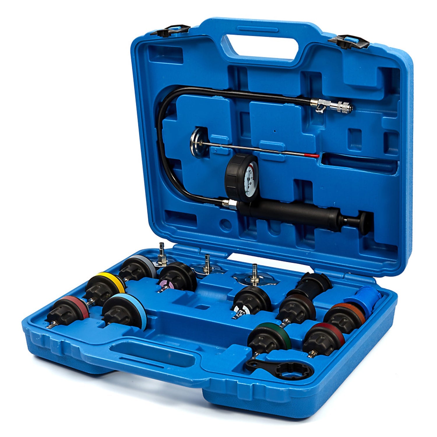 Universale radiatore pressione tester kit, set di tester per sistema di raffreddamento, strumento ad aria compressa per auto, test pressione sistemi di raffreddamento, blu, 18 pezzi
