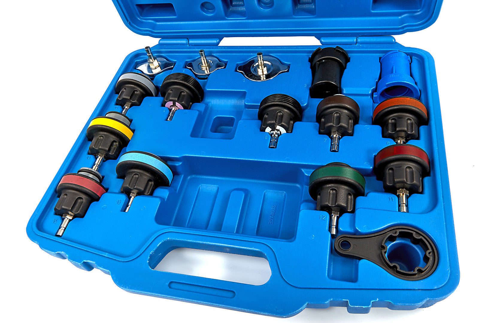 Universale radiatore pressione tester kit, set di tester per sistema di raffreddamento, strumento ad aria compressa per auto, test pressione sistemi di raffreddamento, blu, 18 pezzi