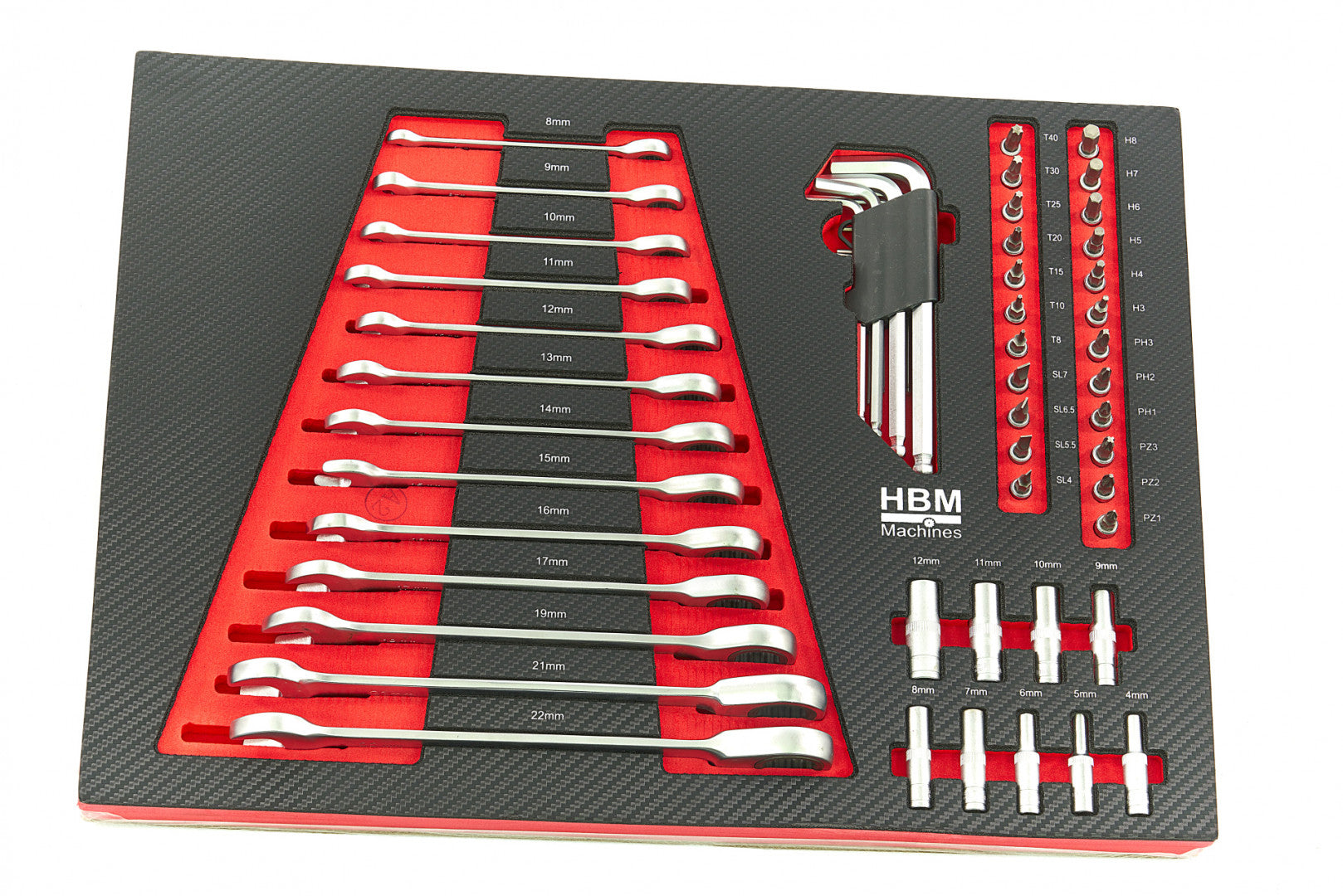 Set di inserti per 4 cassetti con 154 utensili, – Hbm Machines Olanda – dimensioni 39 x 54,5 cm