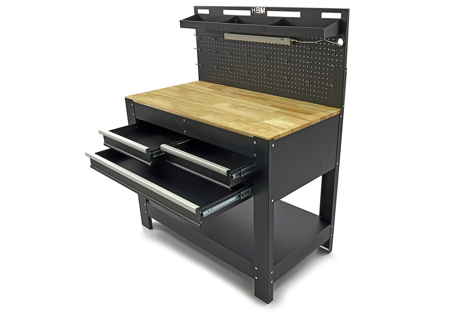 Banco da lavoro mobile con piano in legno massiccio 213 cm 3 cassetti e pannello a parete illuminato LED porta utensili con prese 230 V, porta USB, lunghezza 115 cm per officina falegname fai-da-te