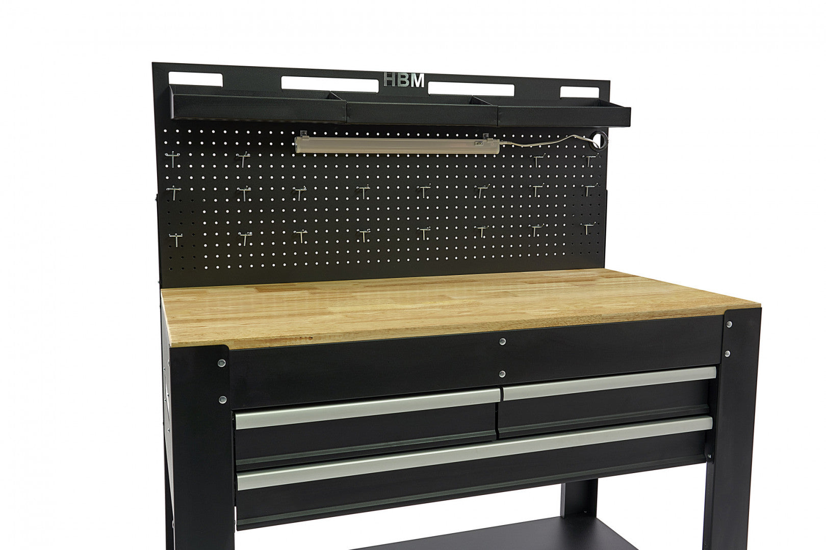 Banco da lavoro mobile con piano in legno massiccio 213 cm 3 cassetti e pannello a parete illuminato LED porta utensili con prese 230 V, porta USB, lunghezza 115 cm per officina falegname fai-da-te