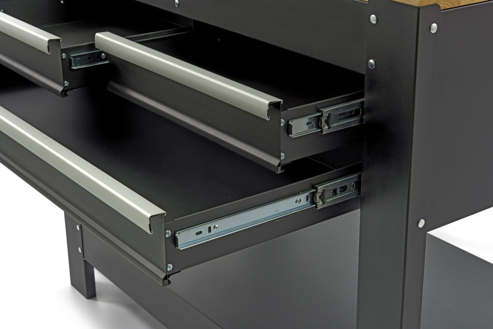 Banco da lavoro mobile con piano in legno massiccio 213 cm 3 cassetti e pannello a parete illuminato LED porta utensili con prese 230 V, porta USB, lunghezza 115 cm per officina falegname fai-da-te