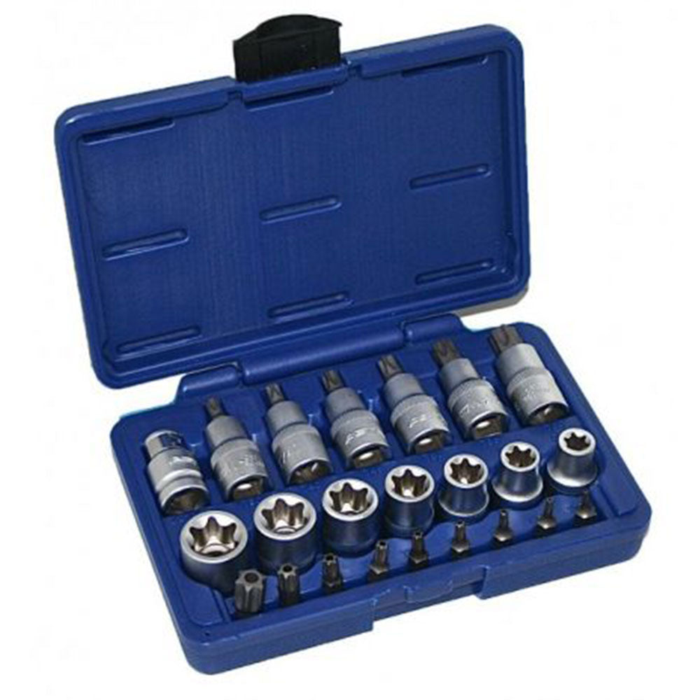 Serie di bussole con inserti, attacco quadro (1/2"), impronta Torx, 23 pz., Cr-V, kit inserti e boccole