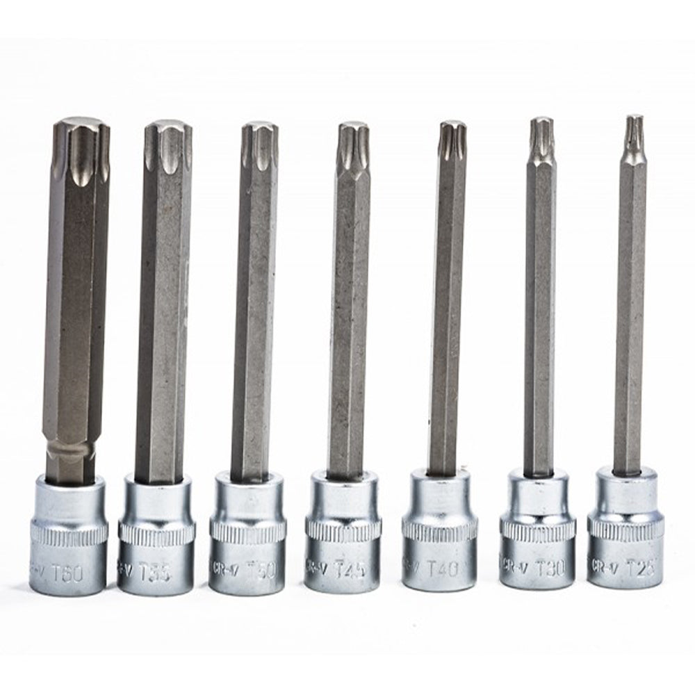 Set di chiavi a bussola Torx extra lunghe da 3/8", 7 pezzi, set di punte Torx a stella, misure da T25 a T60, lunghezza: 110 mm, acciaio CR-V, con valigetta blu professionale