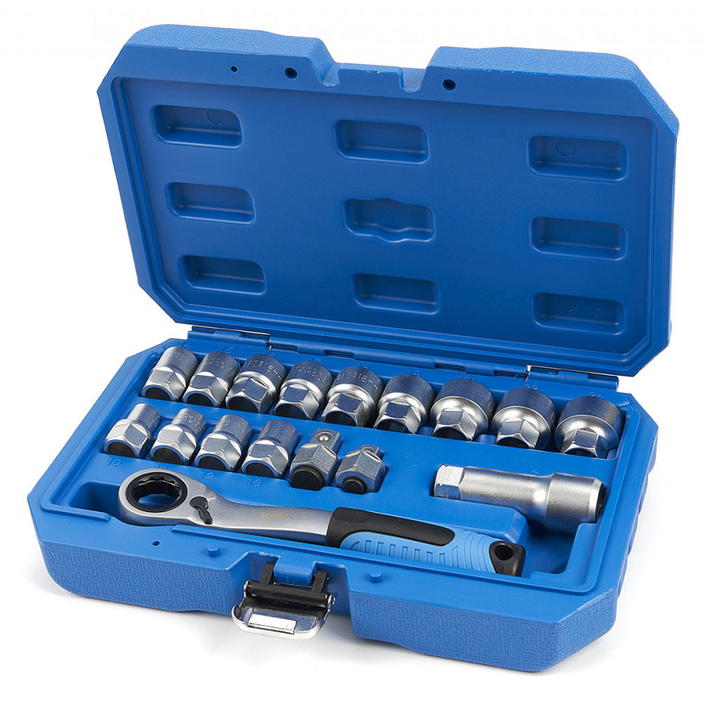 Set di bussole Vario Plus con cricchetto reversibile, 10–24 mm, 3/8" 1/2", 17 pz., Hbm Machines