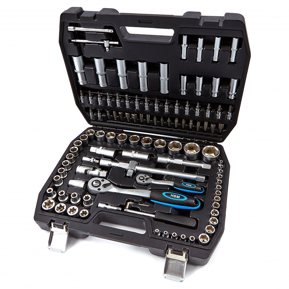 Valigetta utensili professionale 108 pezzi, serie di chiavi a bussola in Cr-V, torx cricchetti, prolunghe, kit attrezzi per auto, officina fai-da-te con attacchi 1/2" e 1/4", Hbm