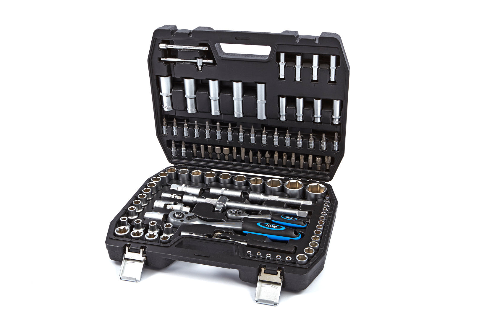 Valigetta utensili professionale 108 pezzi, serie di chiavi a bussola in Cr-V, torx cricchetti, prolunghe, kit attrezzi per auto, officina fai-da-te con attacchi 1/2" e 1/4", Hbm