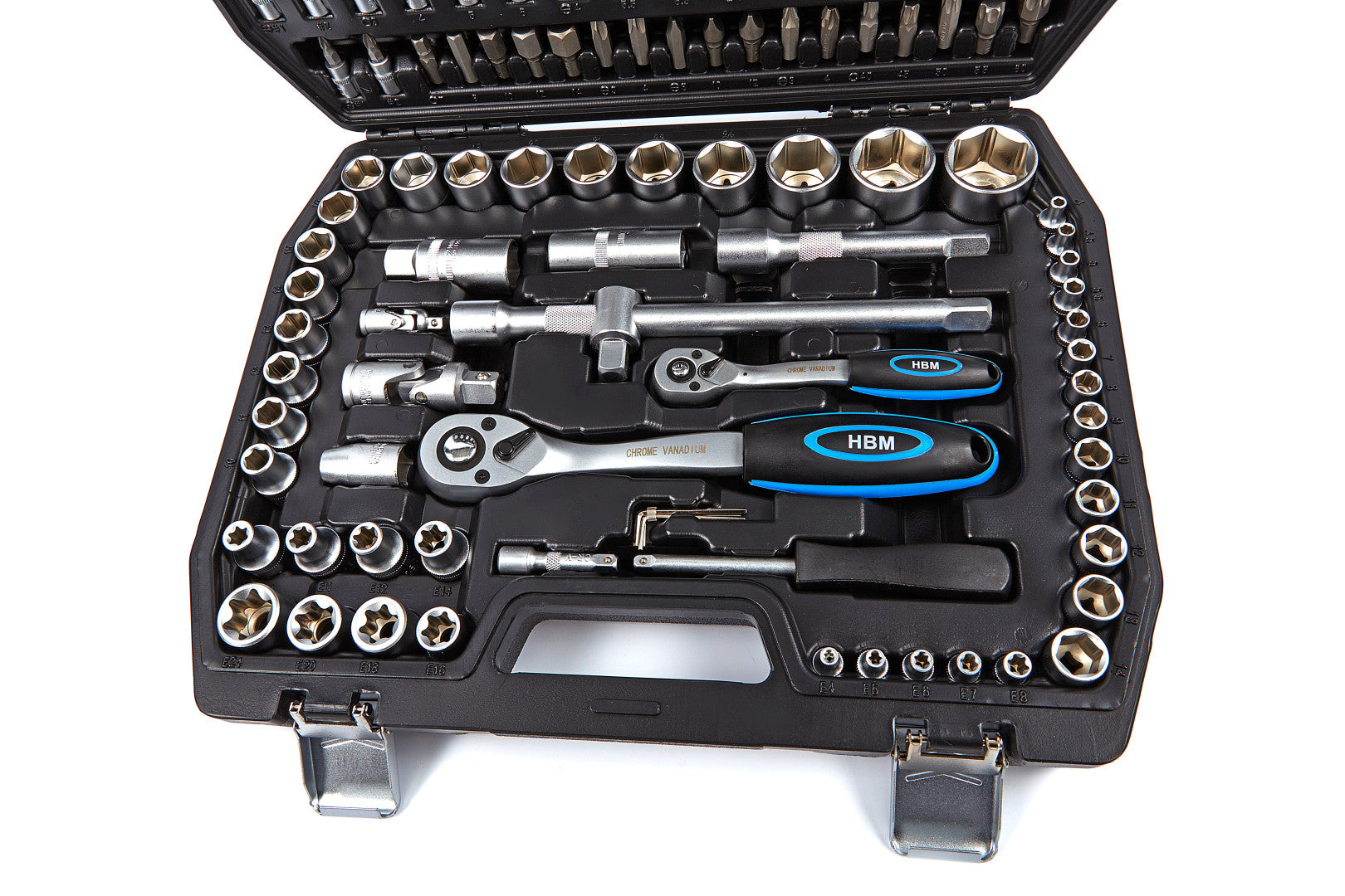 Valigetta utensili professionale 108 pezzi, serie di chiavi a bussola in Cr-V, torx cricchetti, prolunghe, kit attrezzi per auto, officina fai-da-te con attacchi 1/2" e 1/4", Hbm