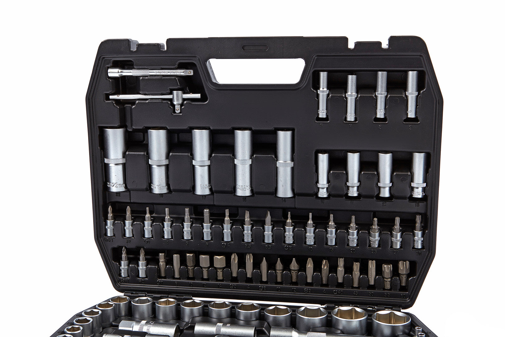 Valigetta utensili professionale 108 pezzi, serie di chiavi a bussola in Cr-V, torx cricchetti, prolunghe, kit attrezzi per auto, officina fai-da-te con attacchi 1/2" e 1/4", Hbm