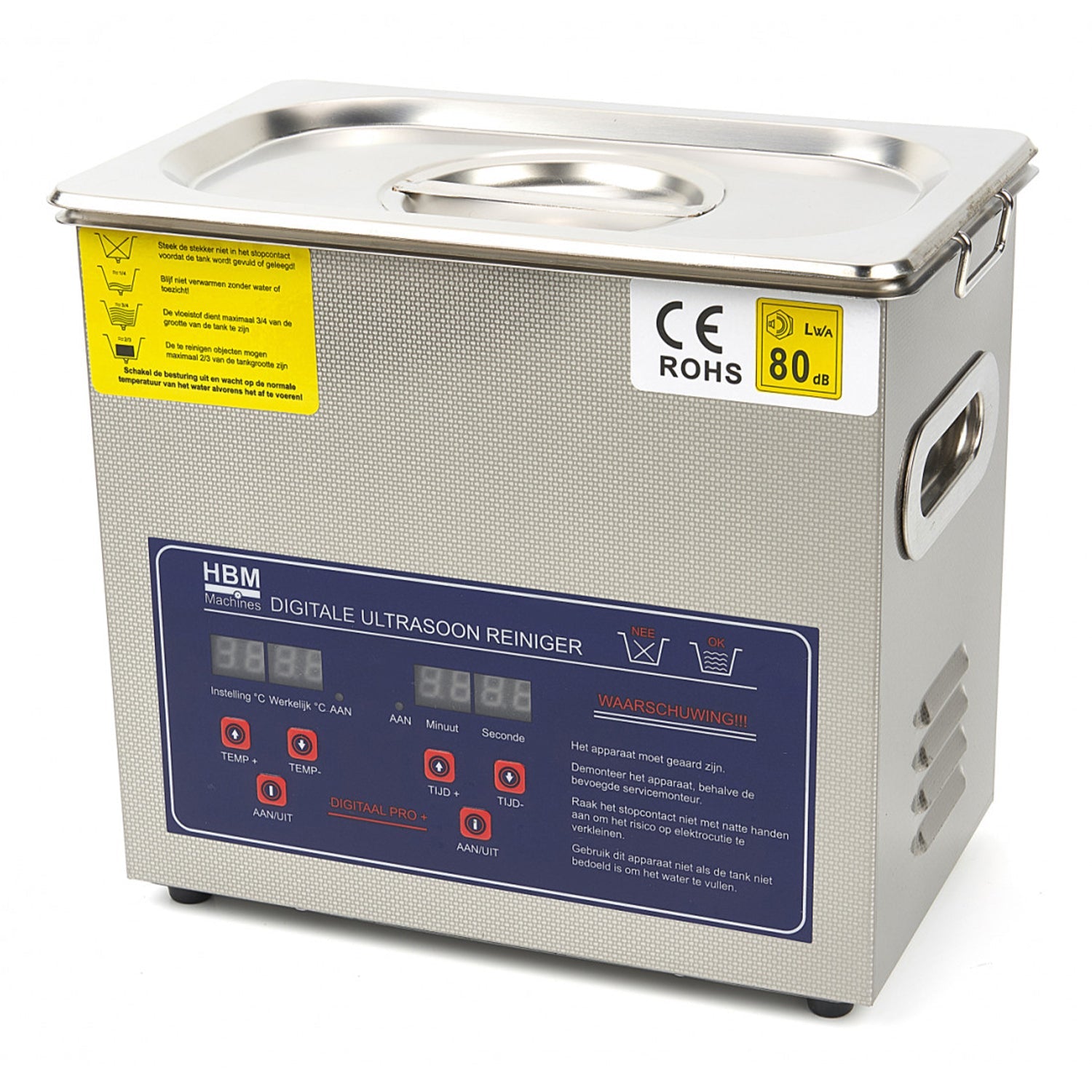 Pulitore ultrasuoni industriale con riscaldatore e timer digitale, lavatrice ad ultrasuoni in acciaio inossidabile, pulizia a ultrasuoni per orologi dentarie occhiali ricambi di auto, pulitore laboratorio digitale professionale, 3L, HBM Machines Olanda