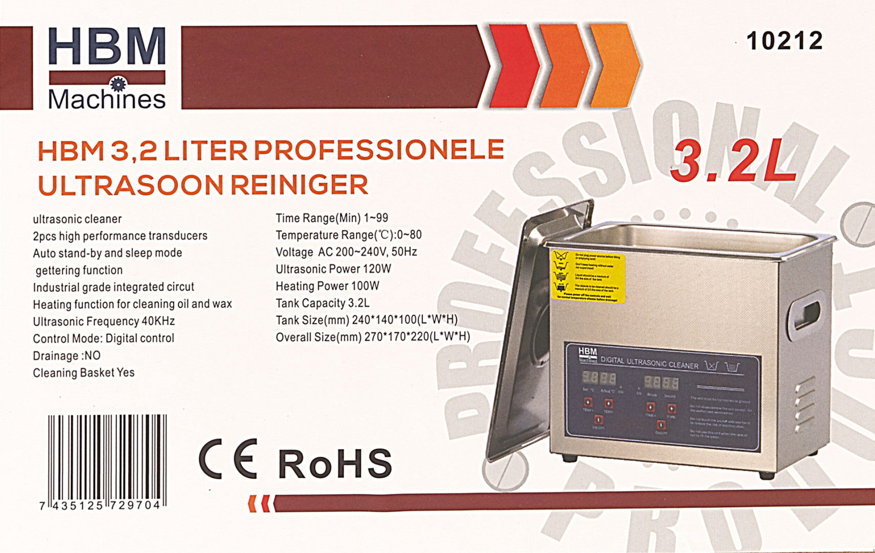 Pulitore ultrasuoni industriale con riscaldatore e timer digitale, lavatrice ad ultrasuoni in acciaio inossidabile, pulizia a ultrasuoni per orologi dentarie occhiali ricambi di auto, pulitore laboratorio digitale professionale, 3L, HBM Machines Olanda