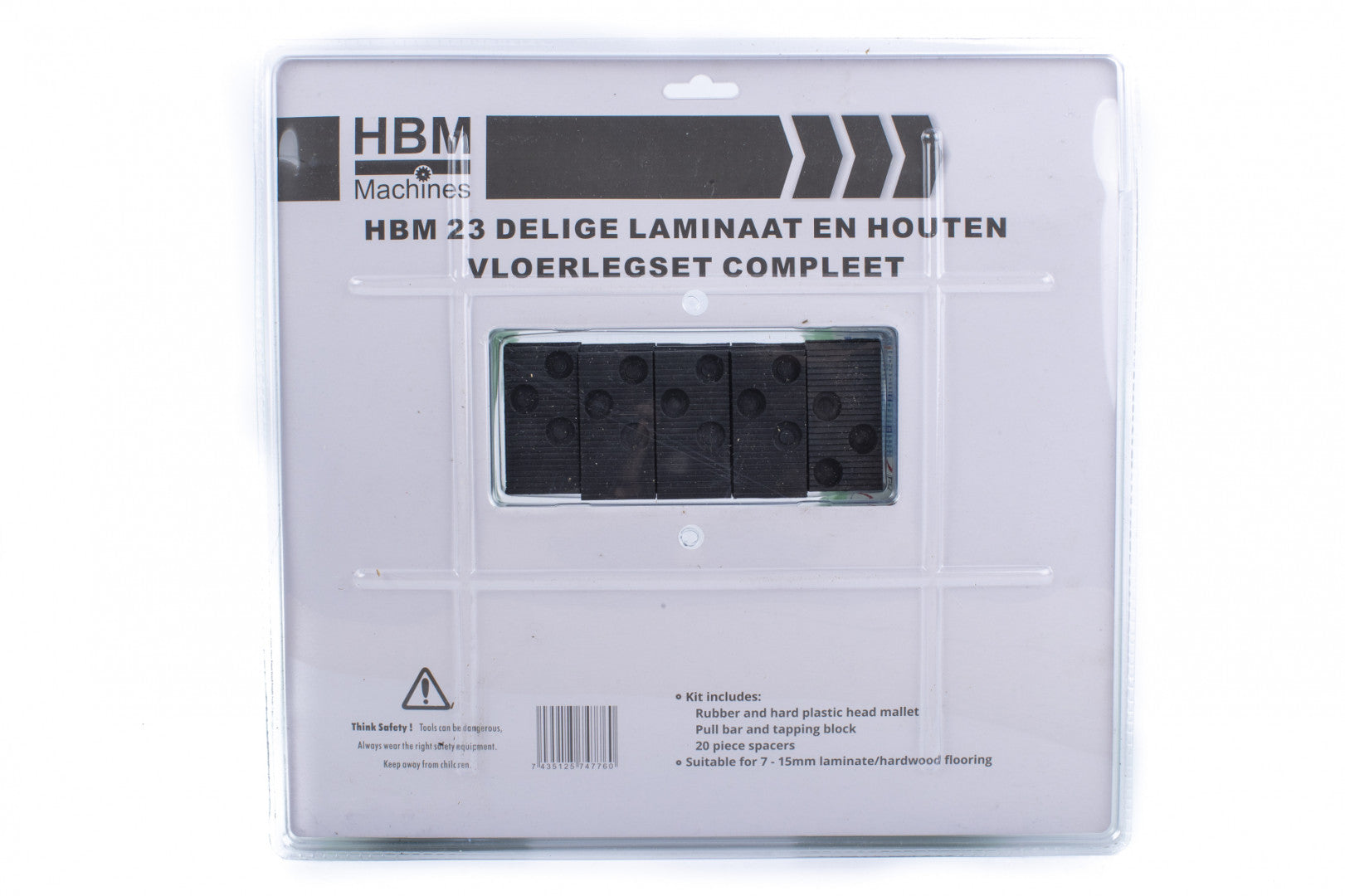 Kit montaggio laminato - 20 distanziatori pavimento, martello di gomma a doppia faccia, robusto blocco per maschiare, barra di trazione incastro, Hbm Machines Olanda