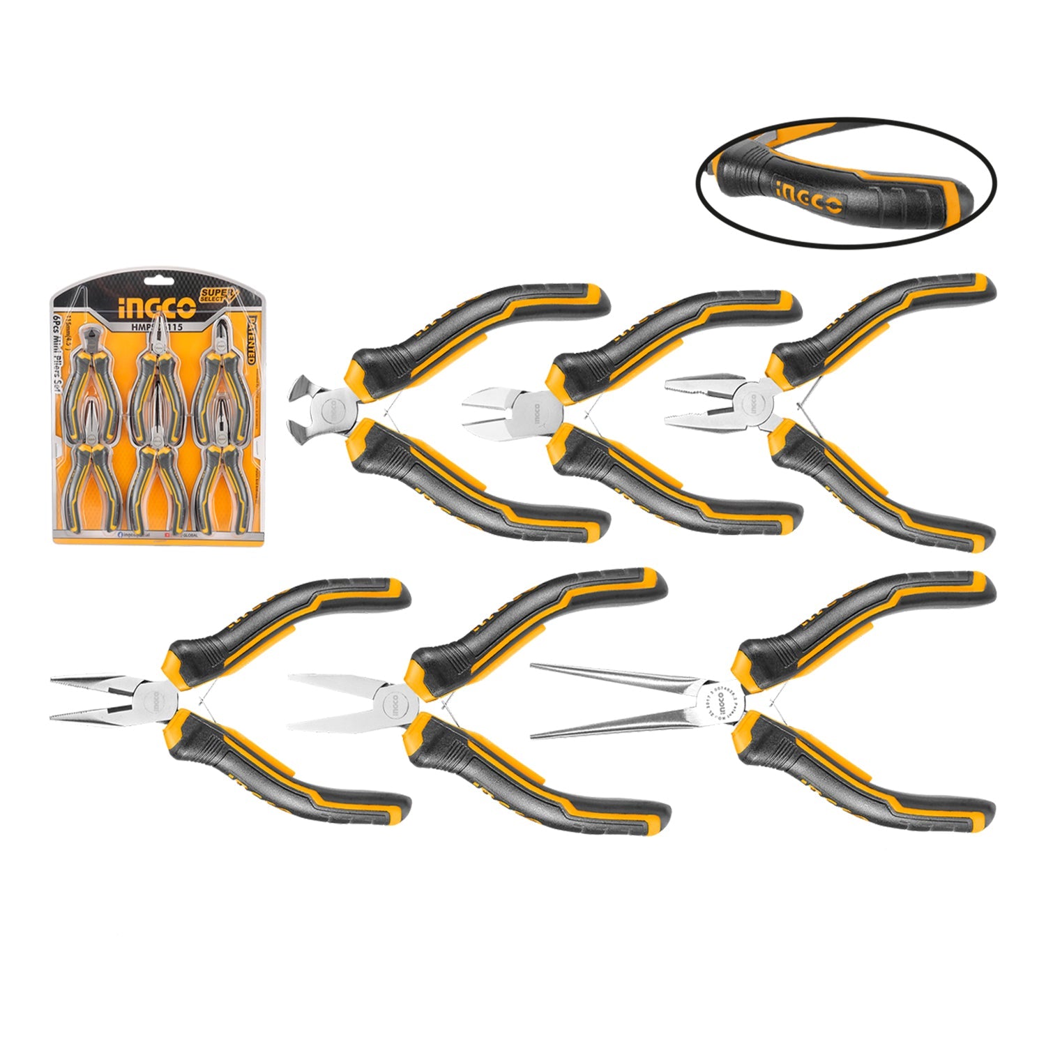 Set di 6 mini pinze, tra cui pinze combinate da 4,5" pollici, pinze da taglio diagonale, pinze a becco lungo, pinze a becco lungo, pinze a becco piatto, pinze per taglio finale, in acciaio Cr-V 115 mm Ingco