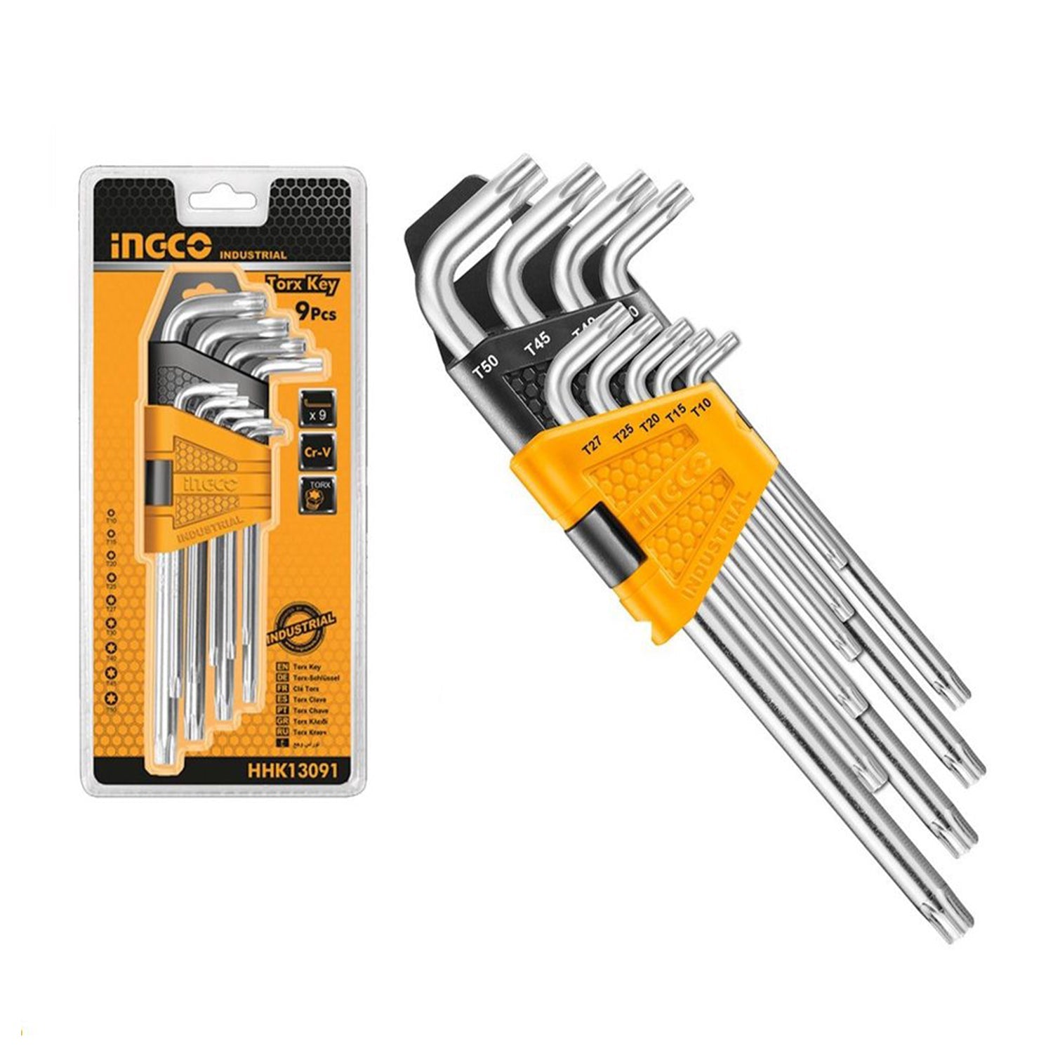 Chiavi torx lunghe ad L set 9 pezzi T10 - T50 acciaio chrom vanadium, set chiavi Torx in pratico supporto, Ingco