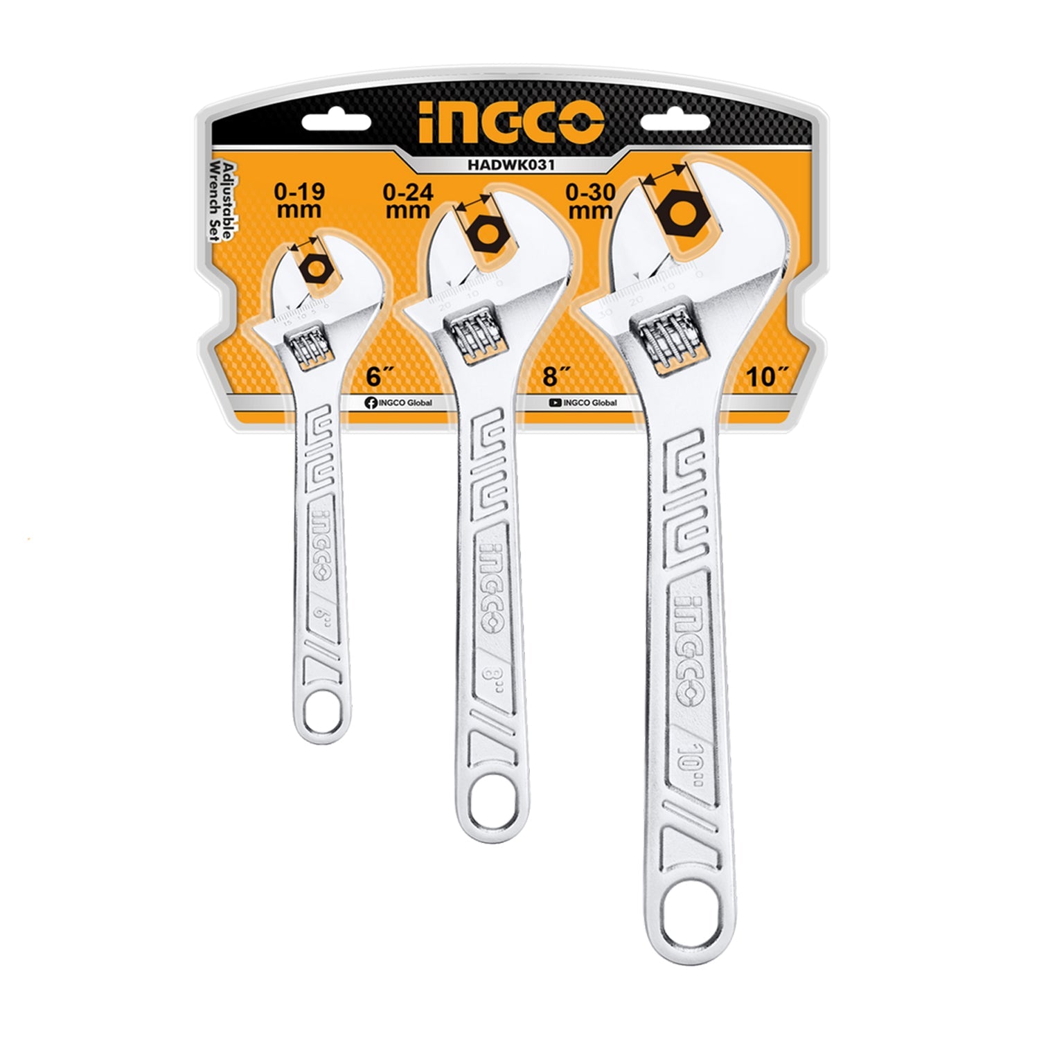 Set di chiavi regolabili 3 pezzi, chiave a rullino, chiave inglese regolabile a bocca larga 0-30 mm, Ingco