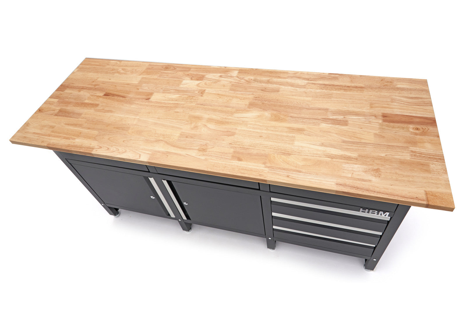 Carrello portautensili metallico professionale officina con 6 cassetti 2 ante e ruote-mobile 171 cm con piano di lavoro in legno massiccio HBM Machines Olanda
