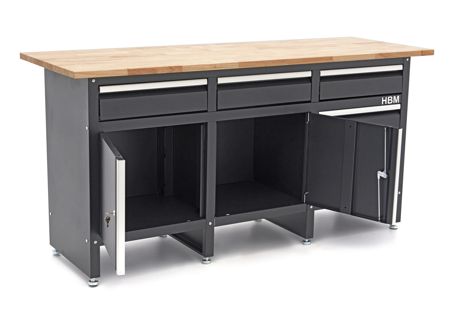 Carrello portautensili metallico professionale officina con 6 cassetti 2 ante e ruote-mobile 171 cm con piano di lavoro in legno massiccio HBM Machines Olanda