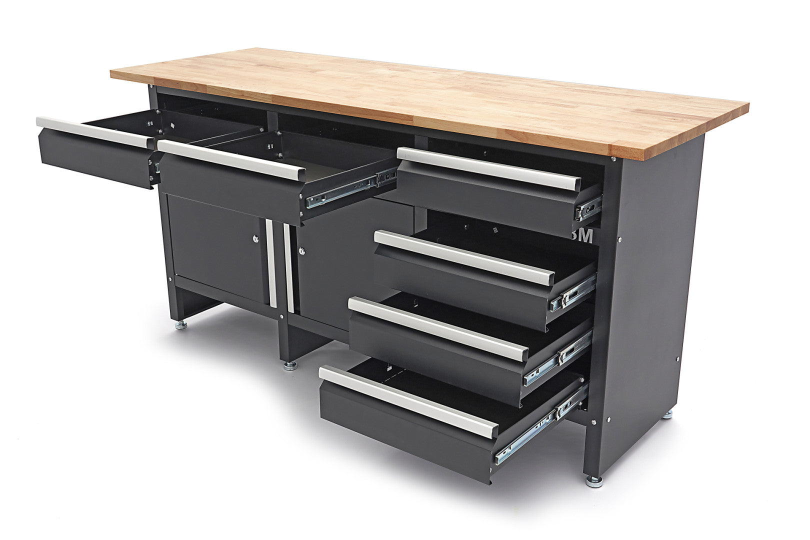 Carrello portautensili metallico professionale officina con 6 cassetti 2 ante e ruote-mobile 171 cm con piano di lavoro in legno massiccio HBM Machines Olanda