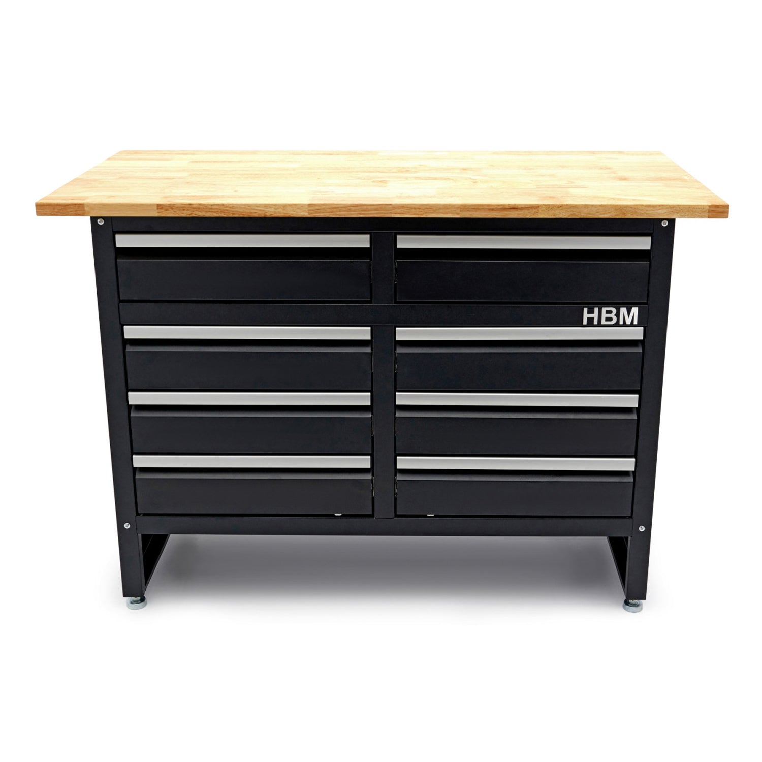 Banco da lavoro metallico 120 cm con 8 cassetti e piano in legno massiccio HBM capacità di carico 250 kg nero
