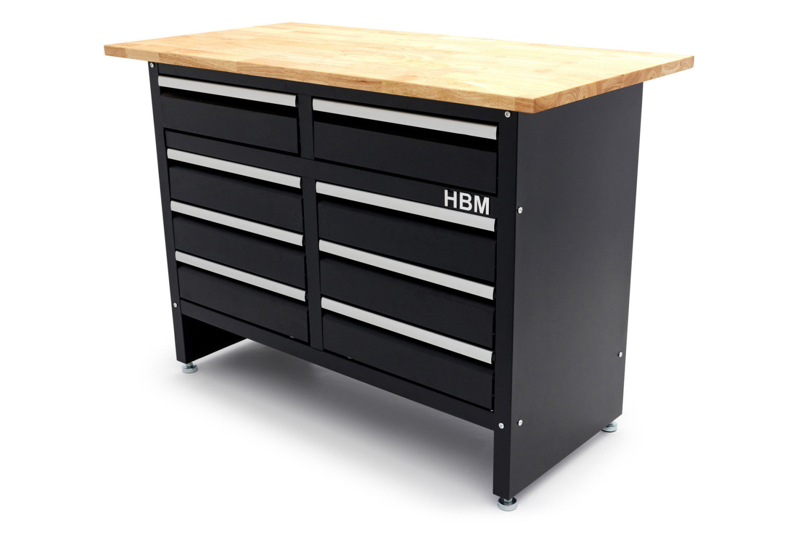 Banco da lavoro metallico 120 cm con 8 cassetti e piano in legno massiccio HBM capacità di carico 250 kg nero