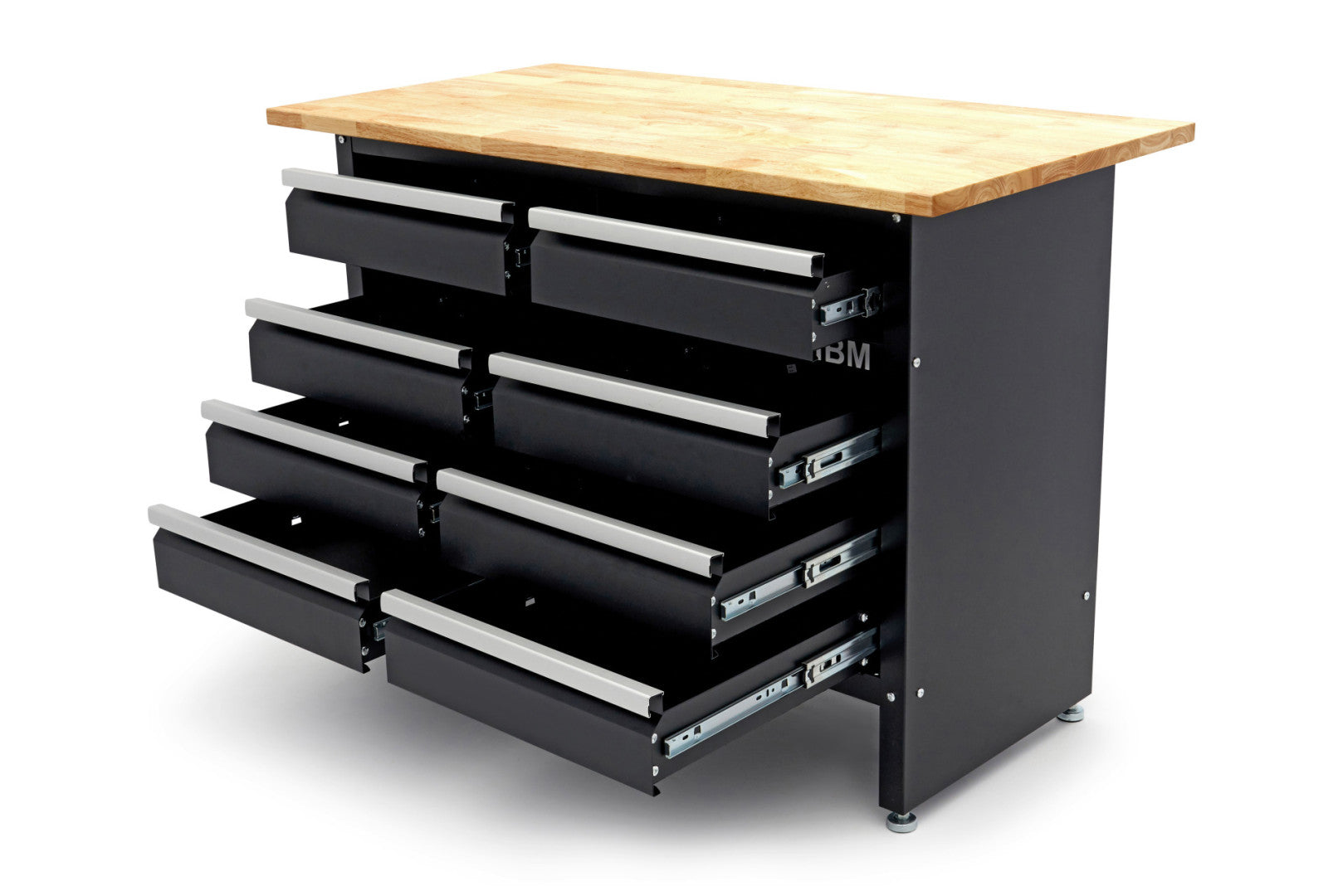 Banco da lavoro metallico 120 cm con 8 cassetti e piano in legno massiccio HBM capacità di carico 250 kg nero