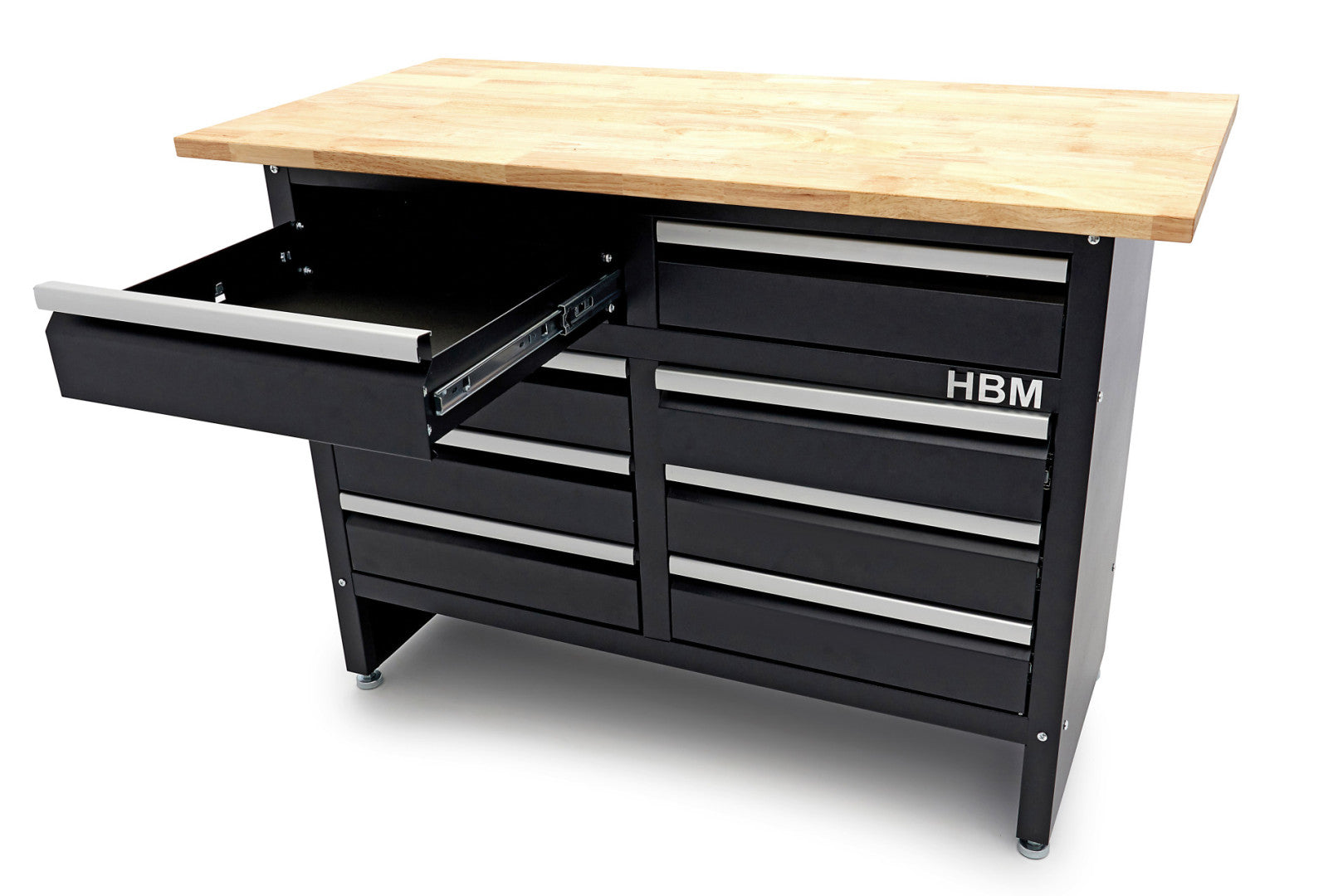 Banco da lavoro metallico 120 cm con 8 cassetti e piano in legno massiccio HBM capacità di carico 250 kg nero