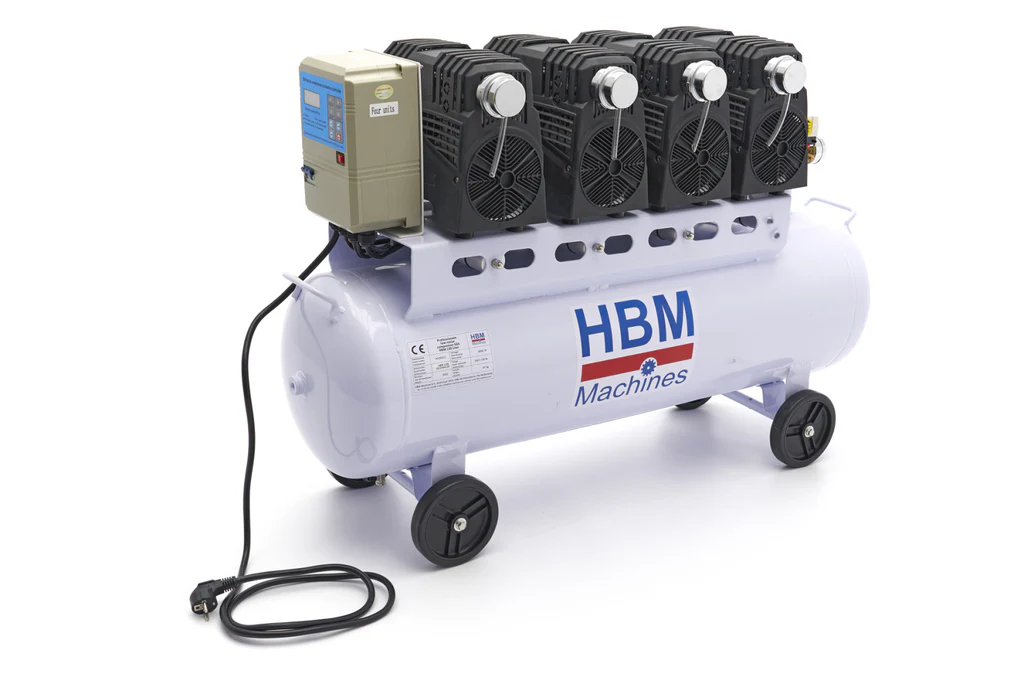 Compressore aria silenziato - con capacità del serbatoio di 120 litri - senza olio, oil free - per utensili pneumatici, 10 bar HBM Machines Olanda