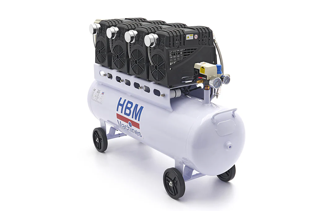 Compressore aria silenziato - con capacità del serbatoio di 120 litri - senza olio, oil free - per utensili pneumatici, 10 bar HBM Machines Olanda