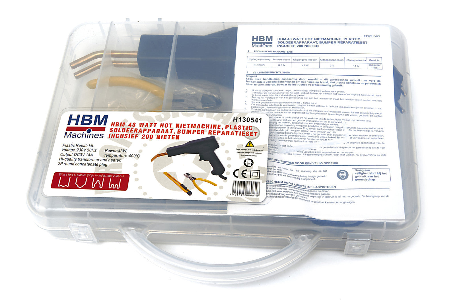 Pistola per saldatura e riparazione plastica 43 w, set saldatrice con 200 pezzi