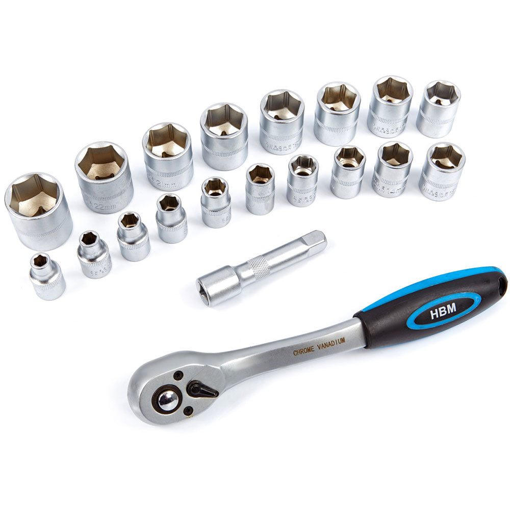 Set cricchetto chiave con bussole, set di chiavi a bussola con cricchetto da 3/8", prolunga da 75mm, cricchetto in Cr-V, 19 pezzi