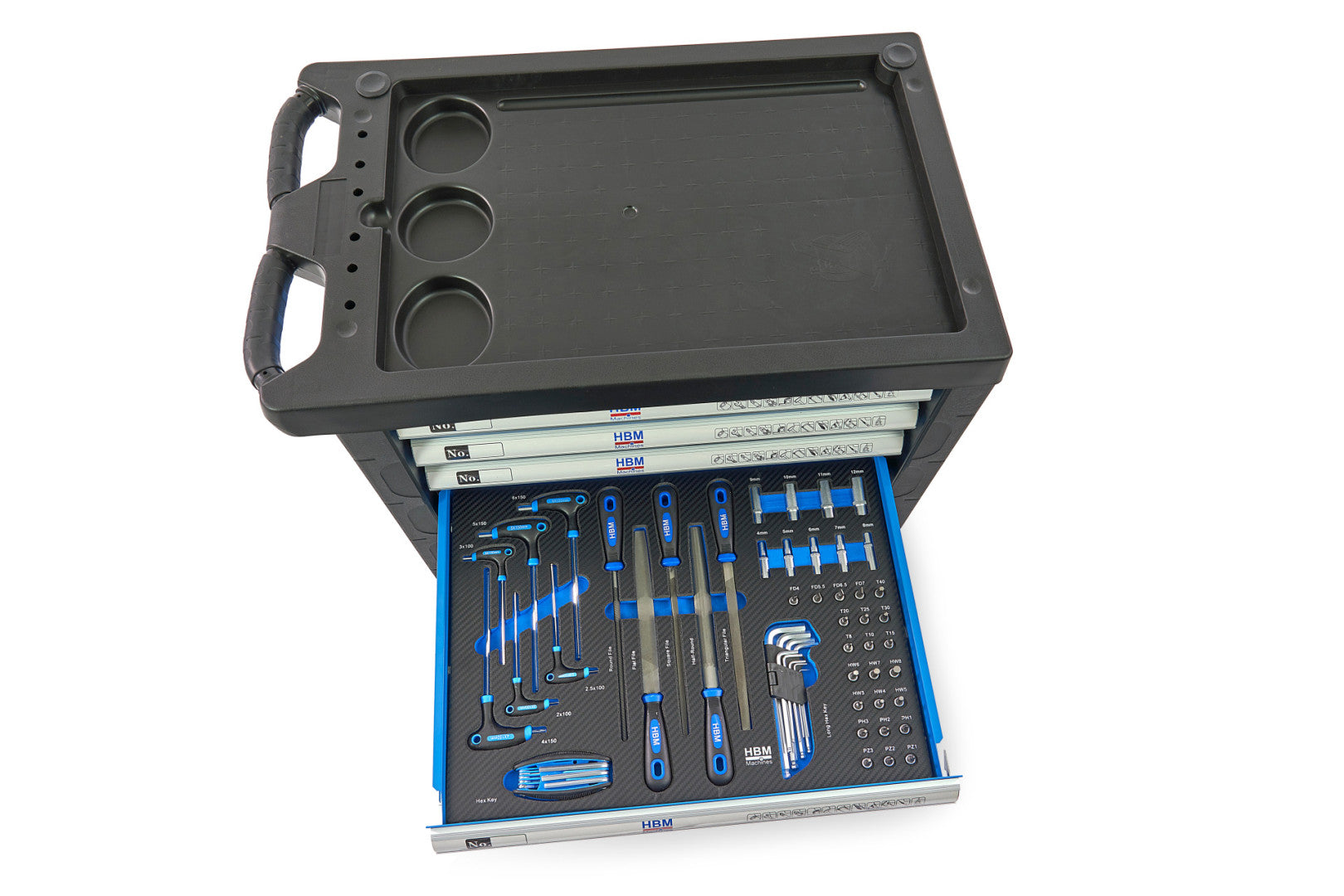 Carrello completo di attrezzi set 196 pezzi con 7 cassetti 5 scomparti e ruote da officina Carbon premium Olanda