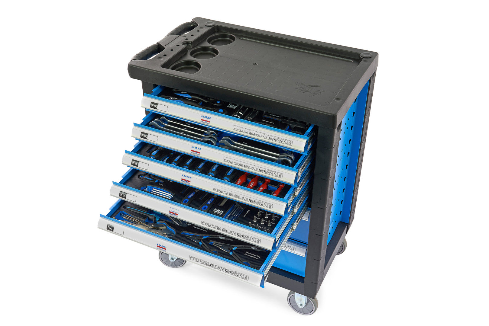 Carrello completo di attrezzi set 196 pezzi con 7 cassetti 5 scomparti e ruote da officina Carbon premium Olanda