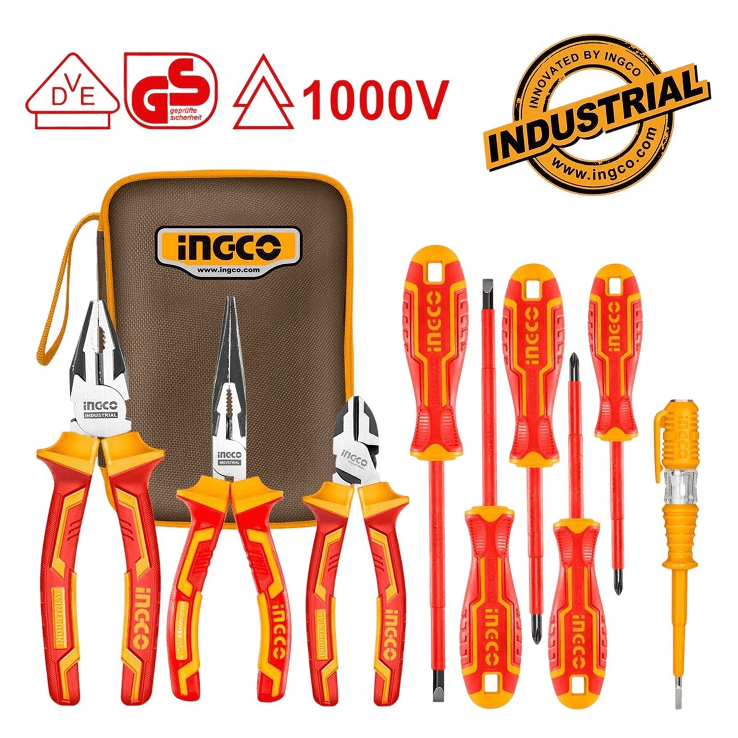 Cacciavite elettricista, set di cacciaviti e pinze isolati elettricista professionali giravite cacciavite isolato con tester di cercafase punte a taglio PH, 9 pezzi Ingco