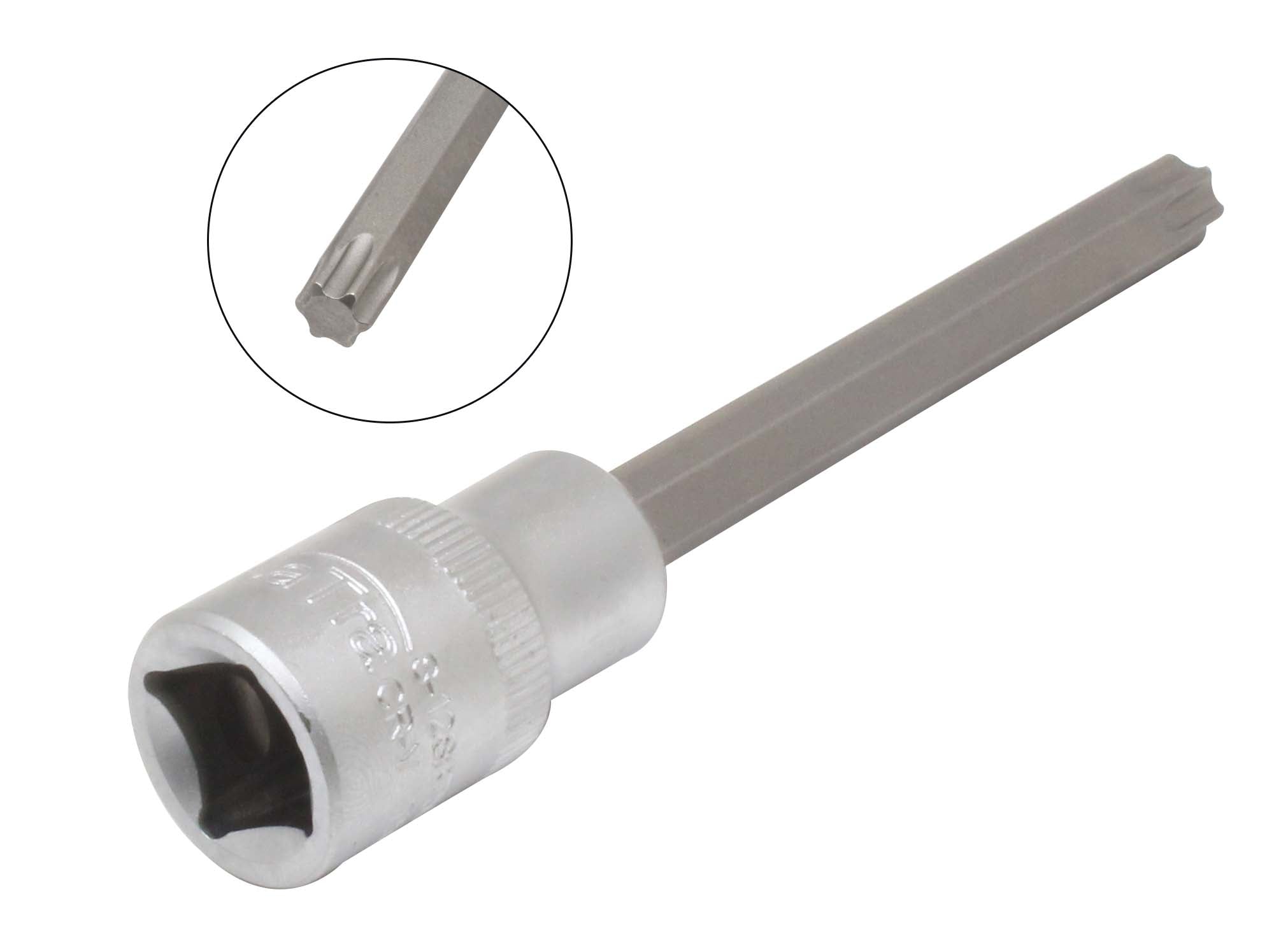 Bussola-presa attacco quadro 1/2" pollici con inserto-punta extra lungo per viti a impronta Torx T50, lunghezza 120 mm
