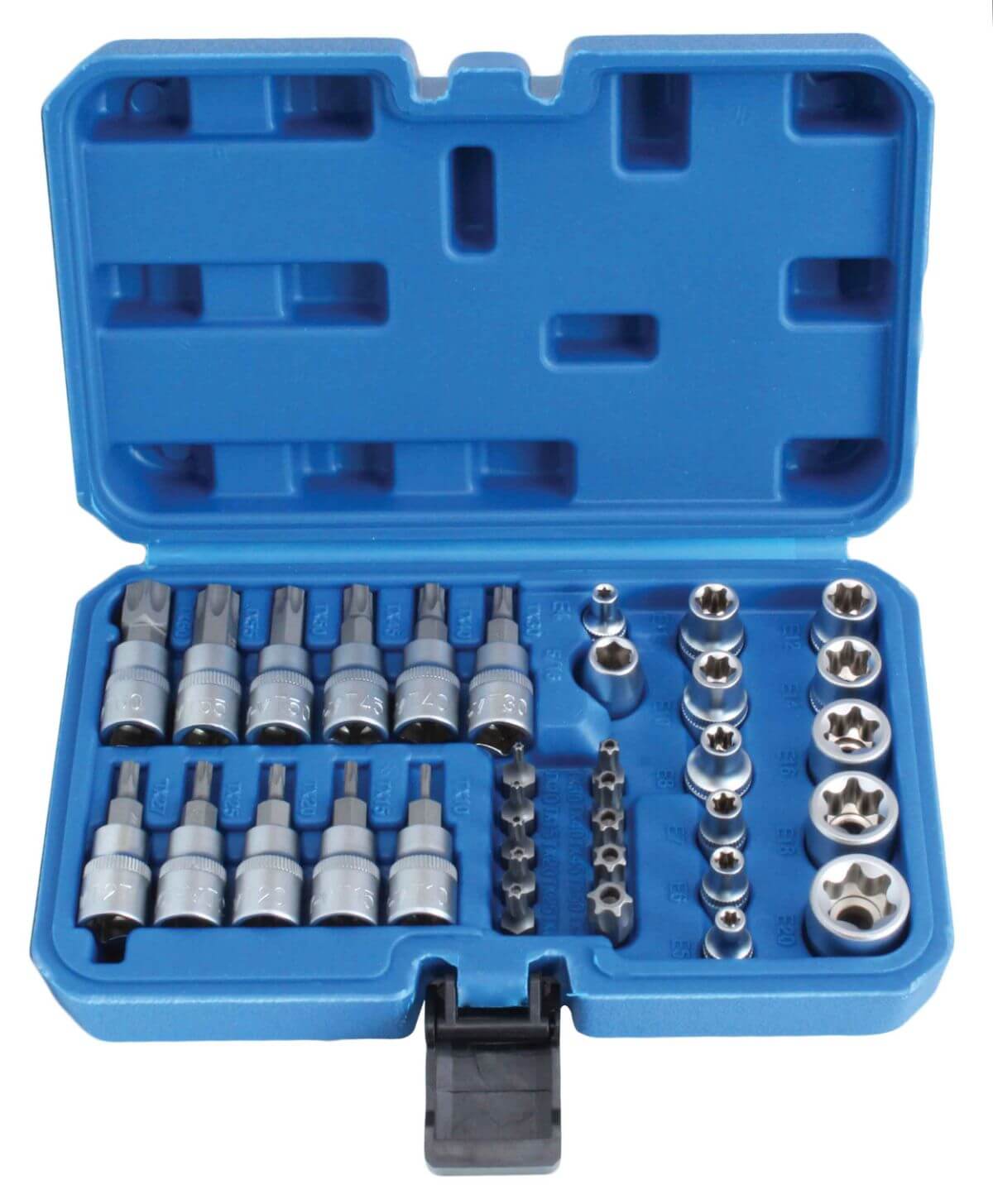 Serie di bussole con inserti, attacco quadro (3/8"), impronta Torx, 34 pz., T10–T60 E4–E20, Cr-V, kit inserti e boccole