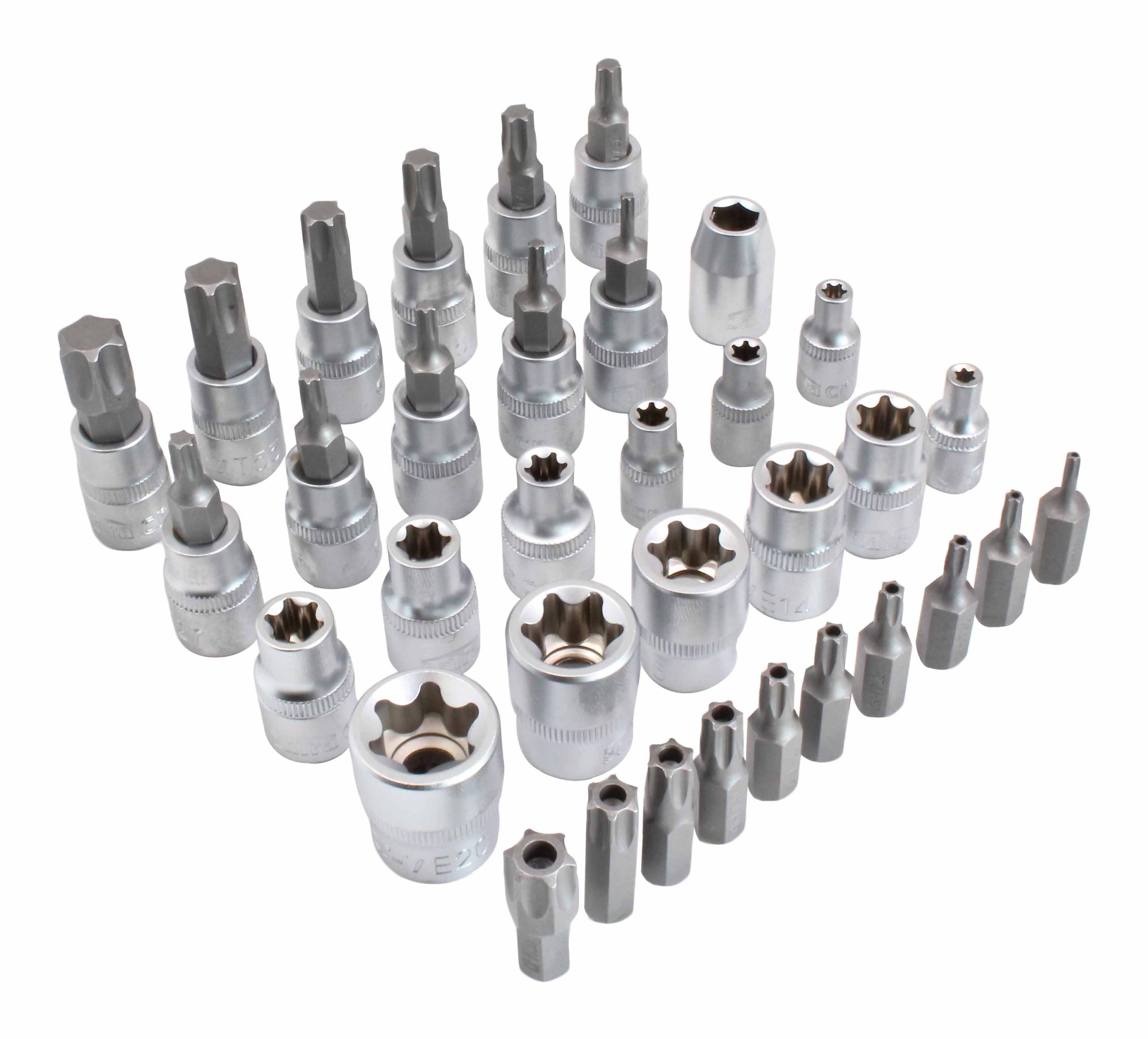 Serie di bussole con inserti, attacco quadro (3/8"), impronta Torx, 34 pz., T10–T60 E4–E20, Cr-V, kit inserti e boccole