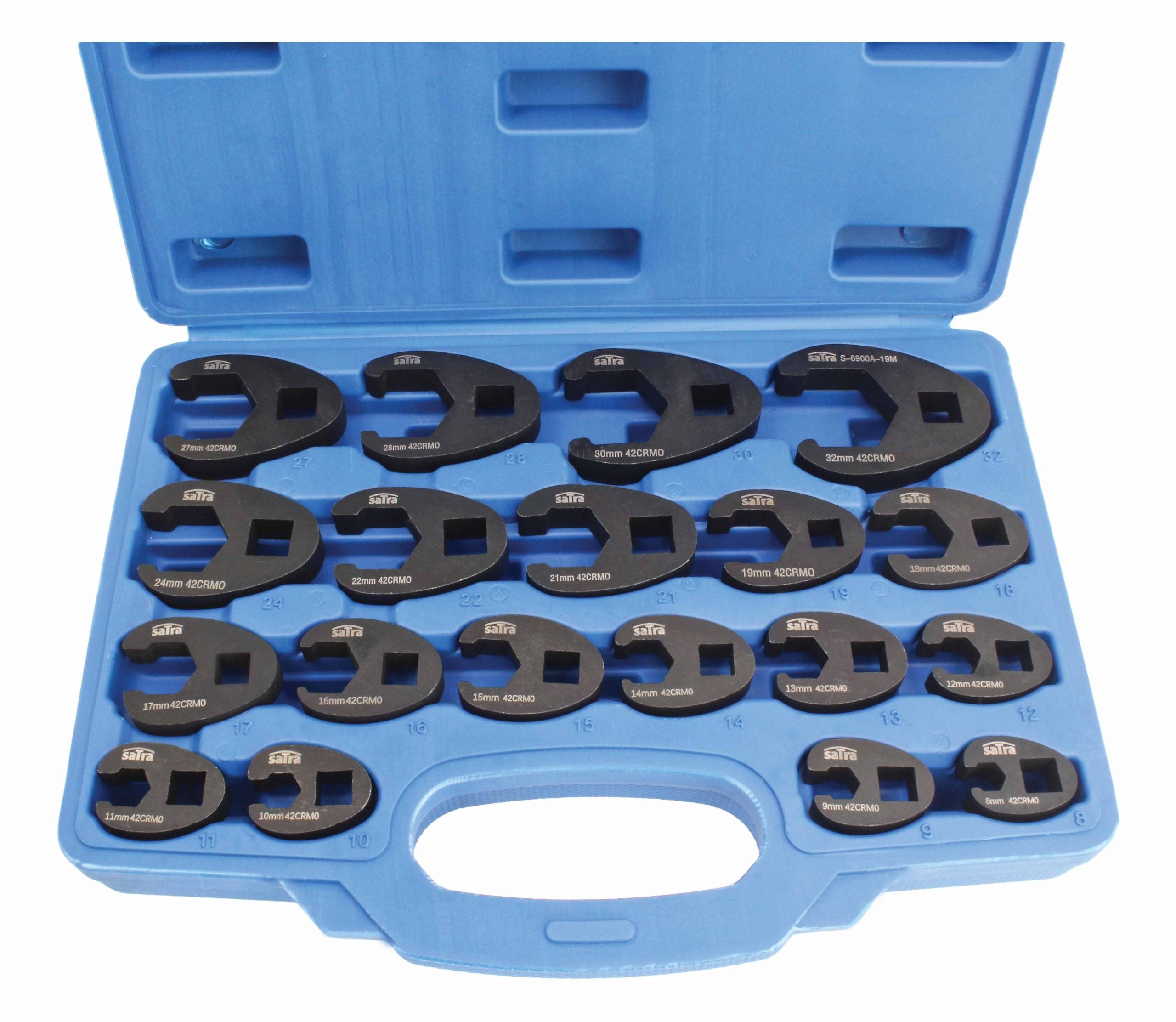 Set di chiavi aperte a zampa di gallo, per raccordi tubi freni olio 8-32 mm, 1/2" 3/8", 19 pz., Satra