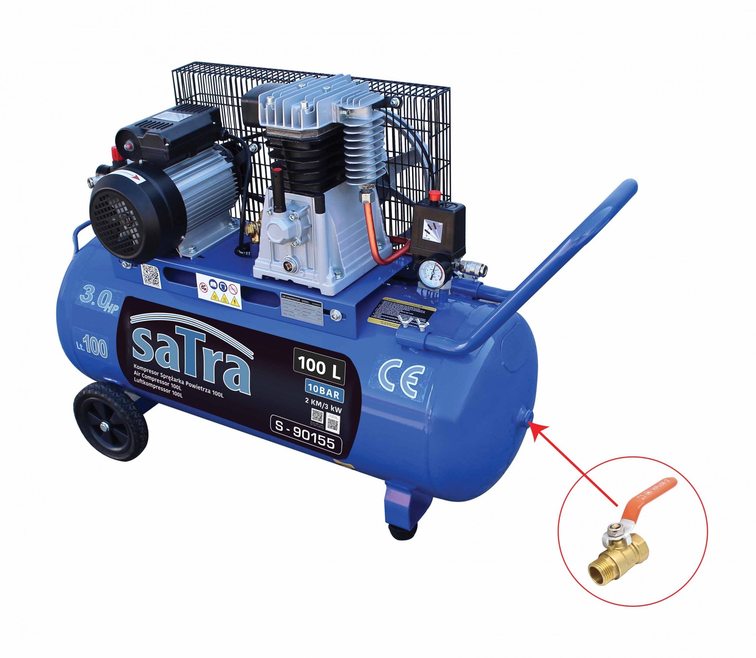 Compressore d'aria da 230 V, gonfiatore per pneumatici, kit di gonfiaggio per pneumatici 100 litri, 3 HP, 170 l/min 2 pistoni, 8 bar, pompa d'aria fuoristrada per suv, camion, auto, biciclette, palloni, materassi ad aria, barche gonfiabili, Satra