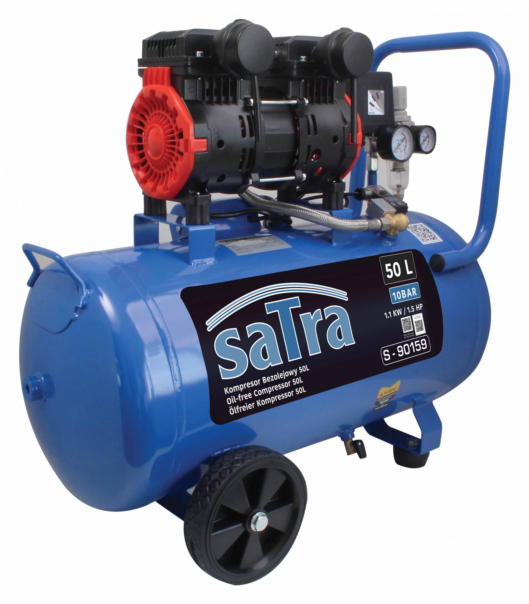 Compressore aria silenziato - con capacità del serbatoio di 50 litri - senza olio, oil free - per utensili pneumatici, 1100 W 10 bar 1,1 kW / 1,5 HP Satra