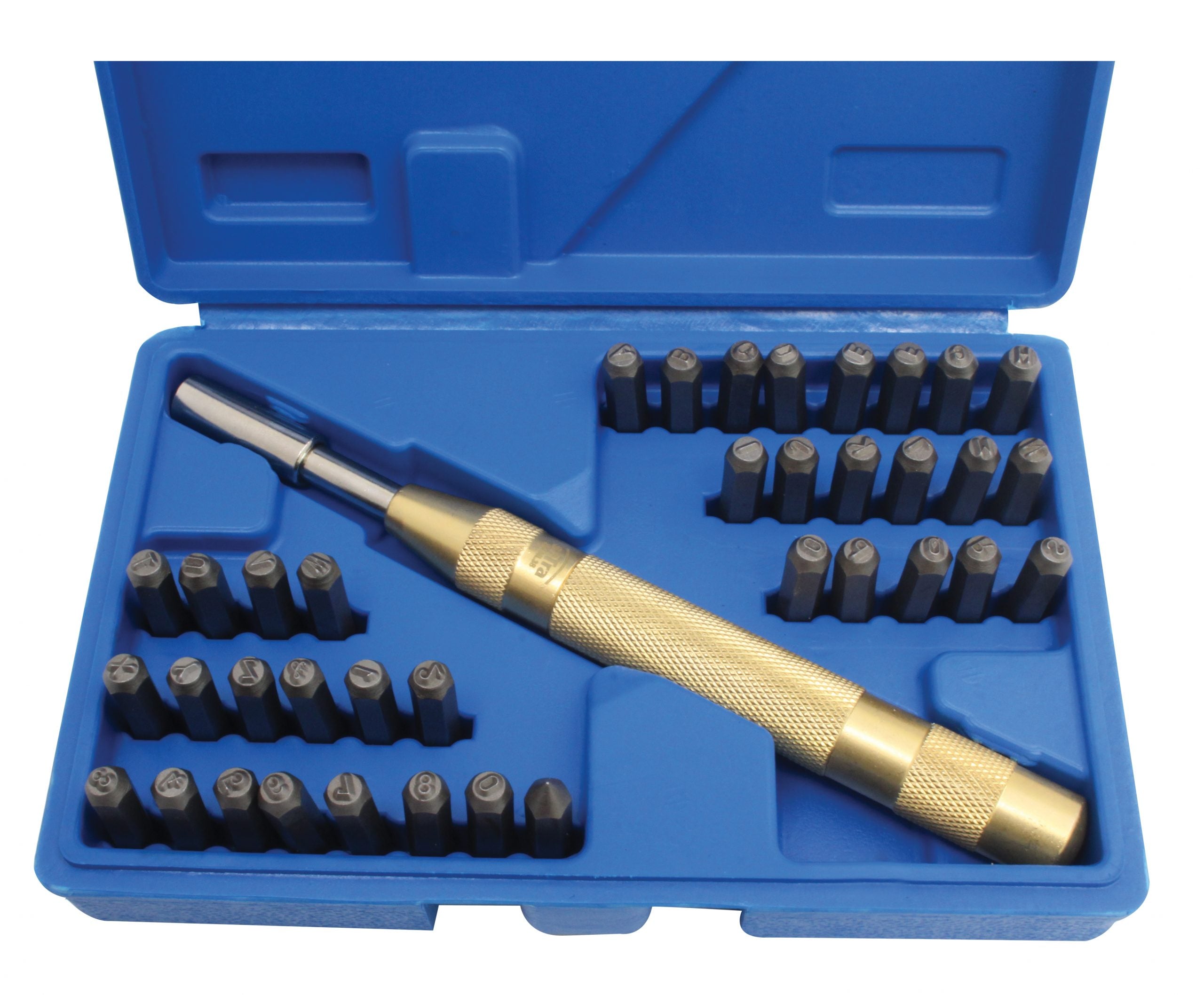 Punzoni lettere e cifre automatici ,battipunzoni, punzoni in metallo per stampaggio metallo plastica legno cuoio, set 38 pezzi, 170 mm, 4 mm