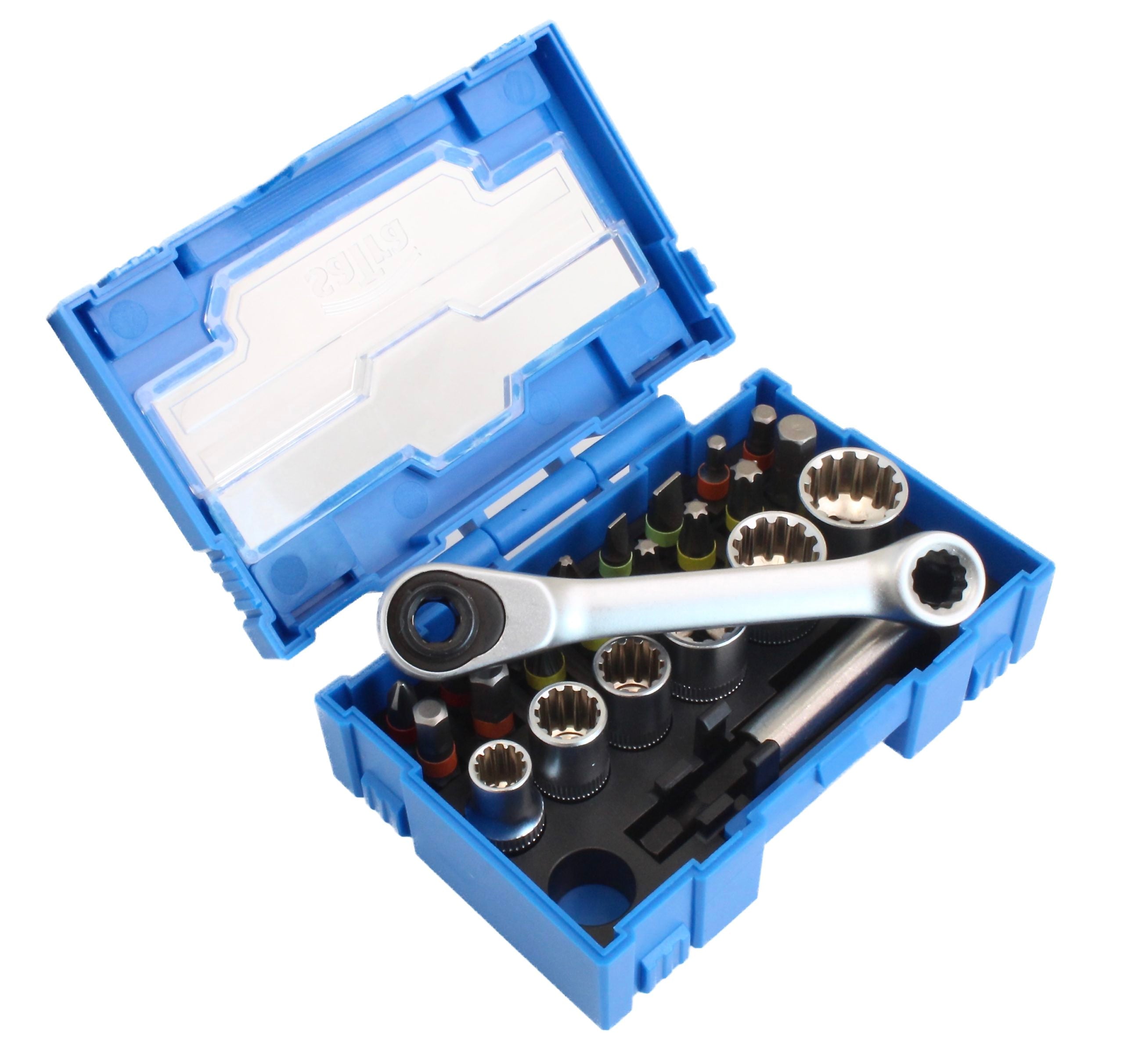 Set chiave a cricchetto quadrata con attacco 1/4" pollice con bussole Vario Plus e inserti, 24 pezzi