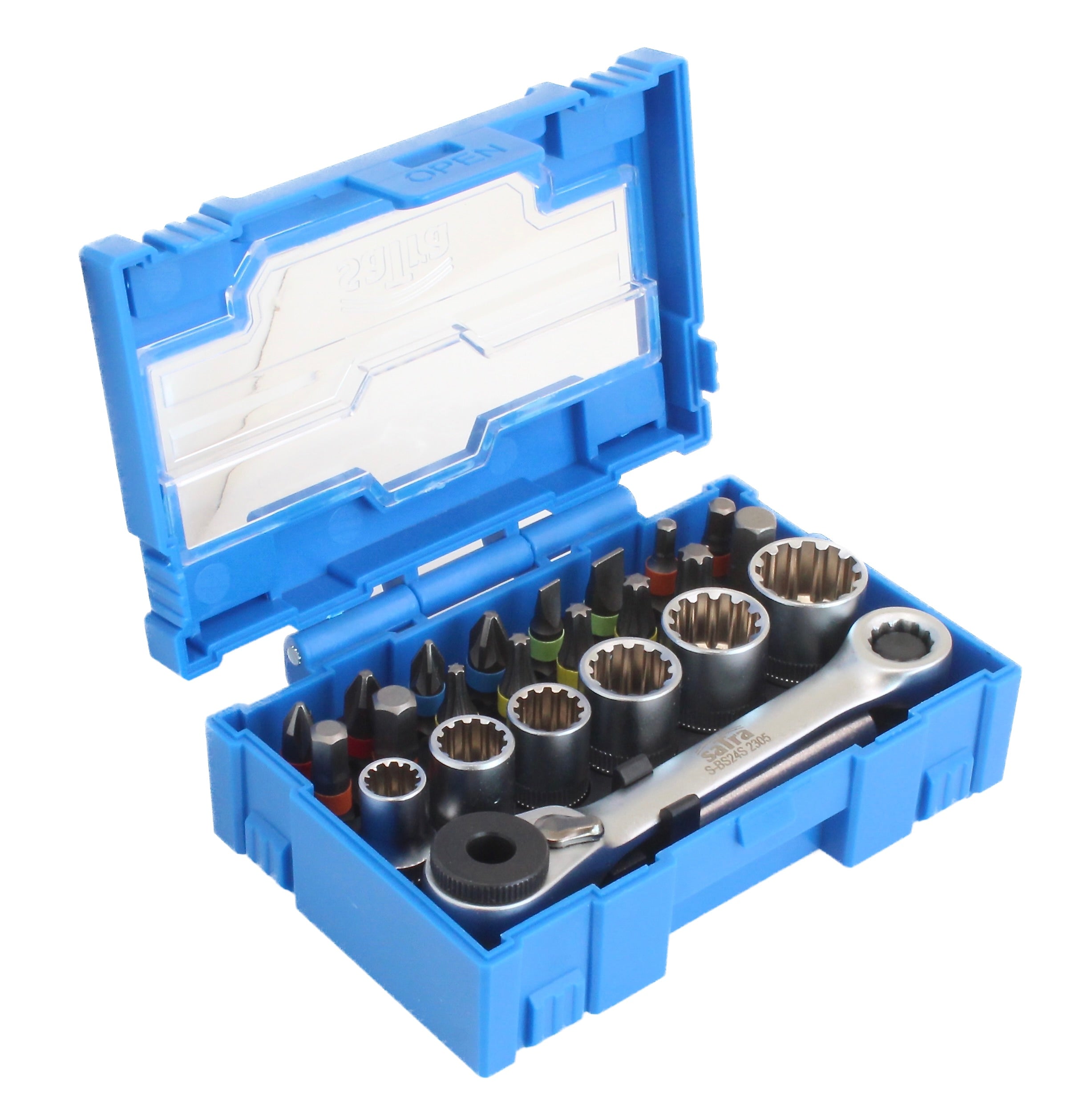 Set chiave a cricchetto quadrata con attacco 1/4" pollice con bussole Vario Plus e inserti, 24 pezzi