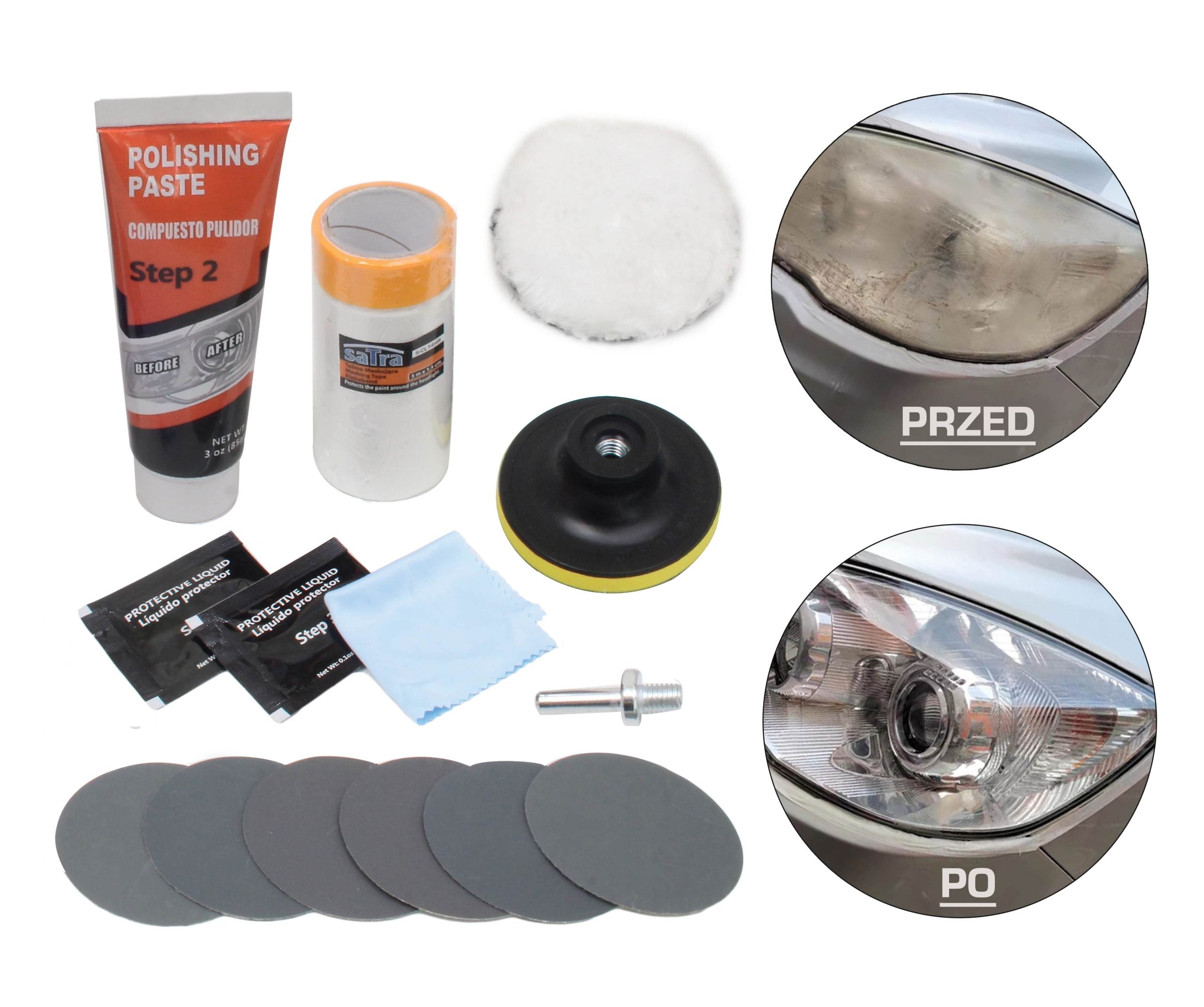 Kit di restauro fari ultra, con dischi abrasivi, pasta lucidante, vernice protettiva UV, 14 pezzi