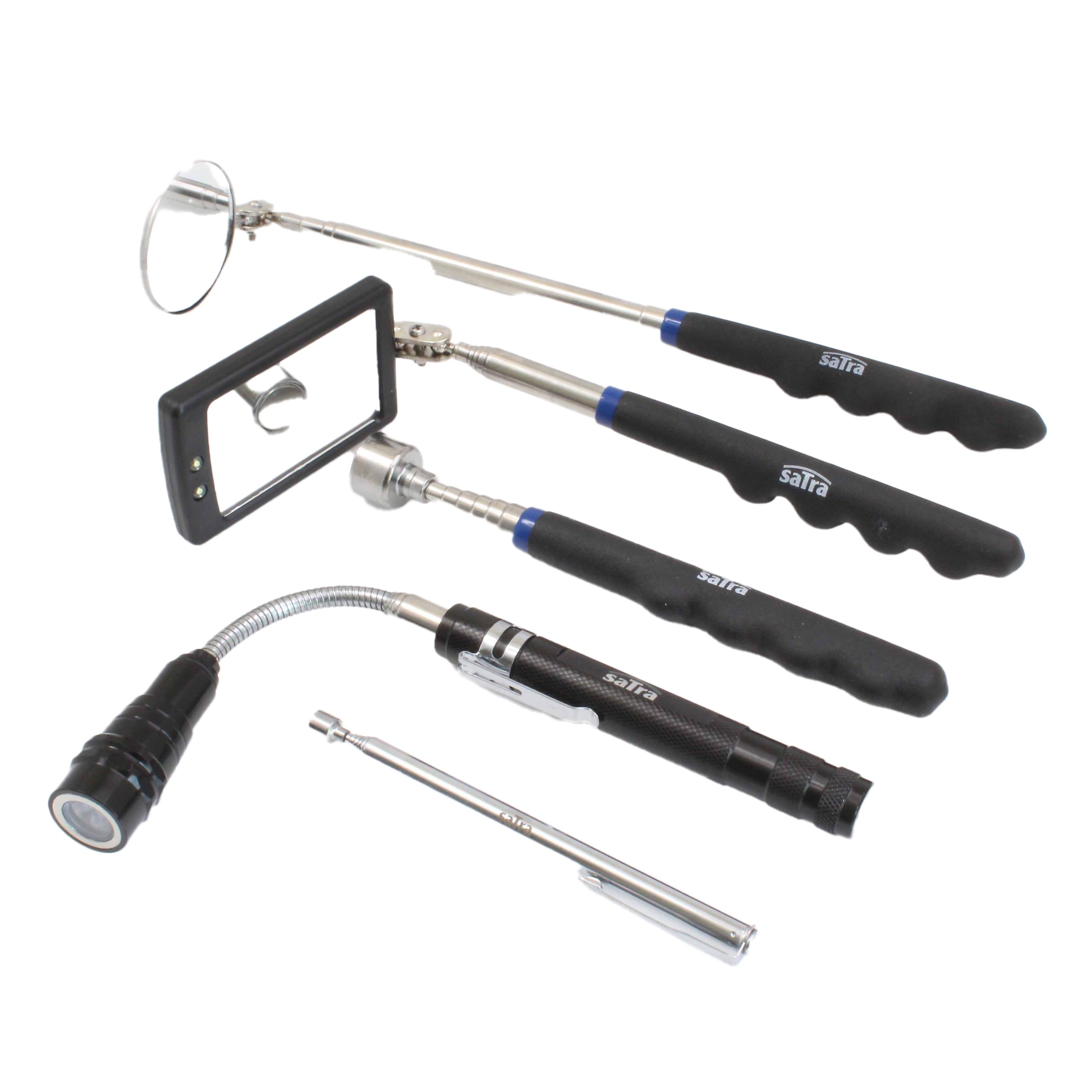 Magnetico pickup attrezzi kit 5 pezzi, specchio di ispezione telescopico, specchio rotondo, quadrato specchio con luce LED, manico telescopico per angolo visione extra, strumento di prelievo magnetico, asta di prelievo, con lampada a LED