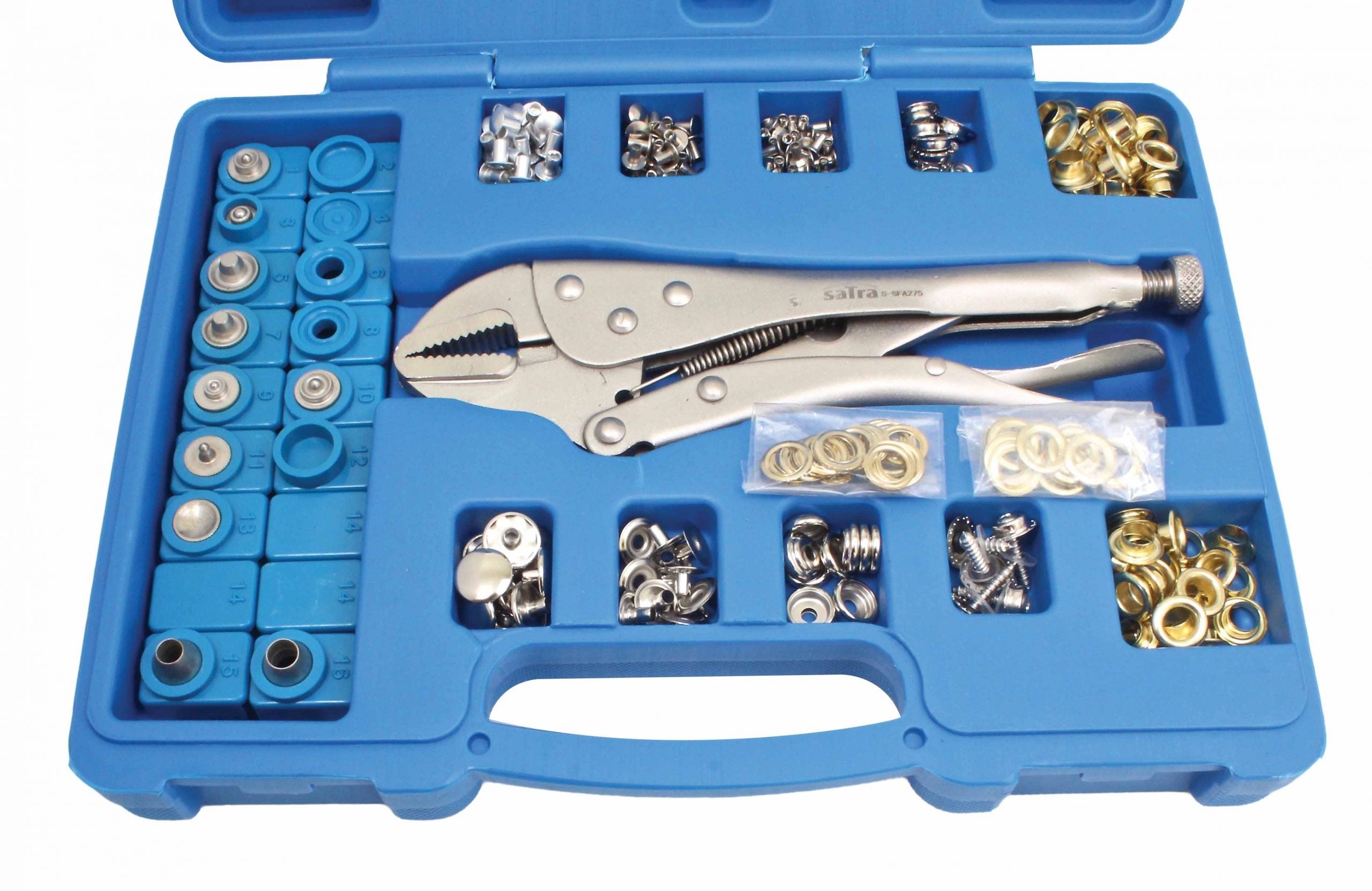 Pinza per occhielli metallici, occhielli per teloni, occhiellatrice per tessuti per pelle telone cartone pvc tessuto e tende da sole, 275 pezzi Satra