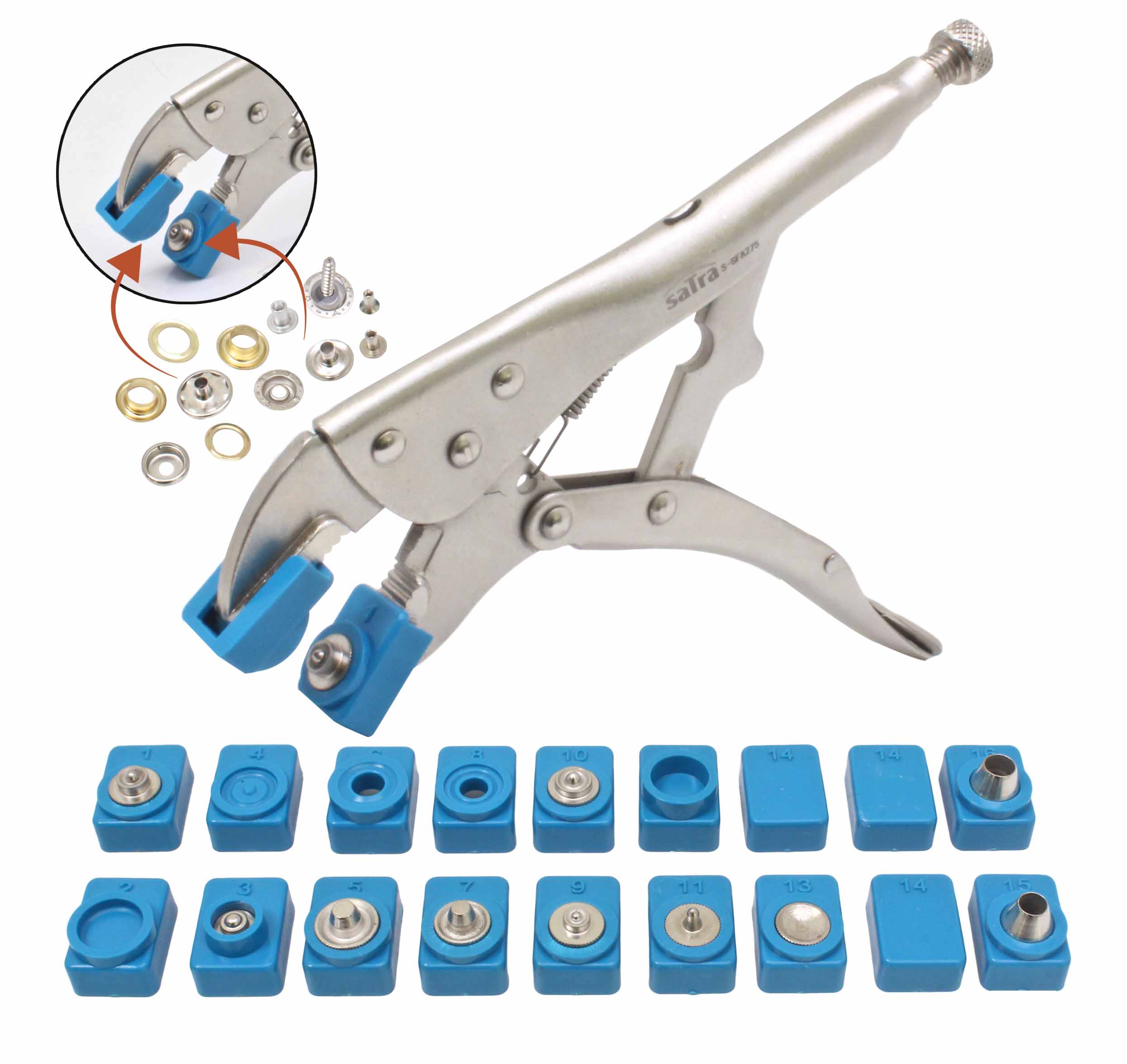 Pinza per occhielli metallici, occhielli per teloni, occhiellatrice per tessuti per pelle telone cartone pvc tessuto e tende da sole, 275 pezzi Satra