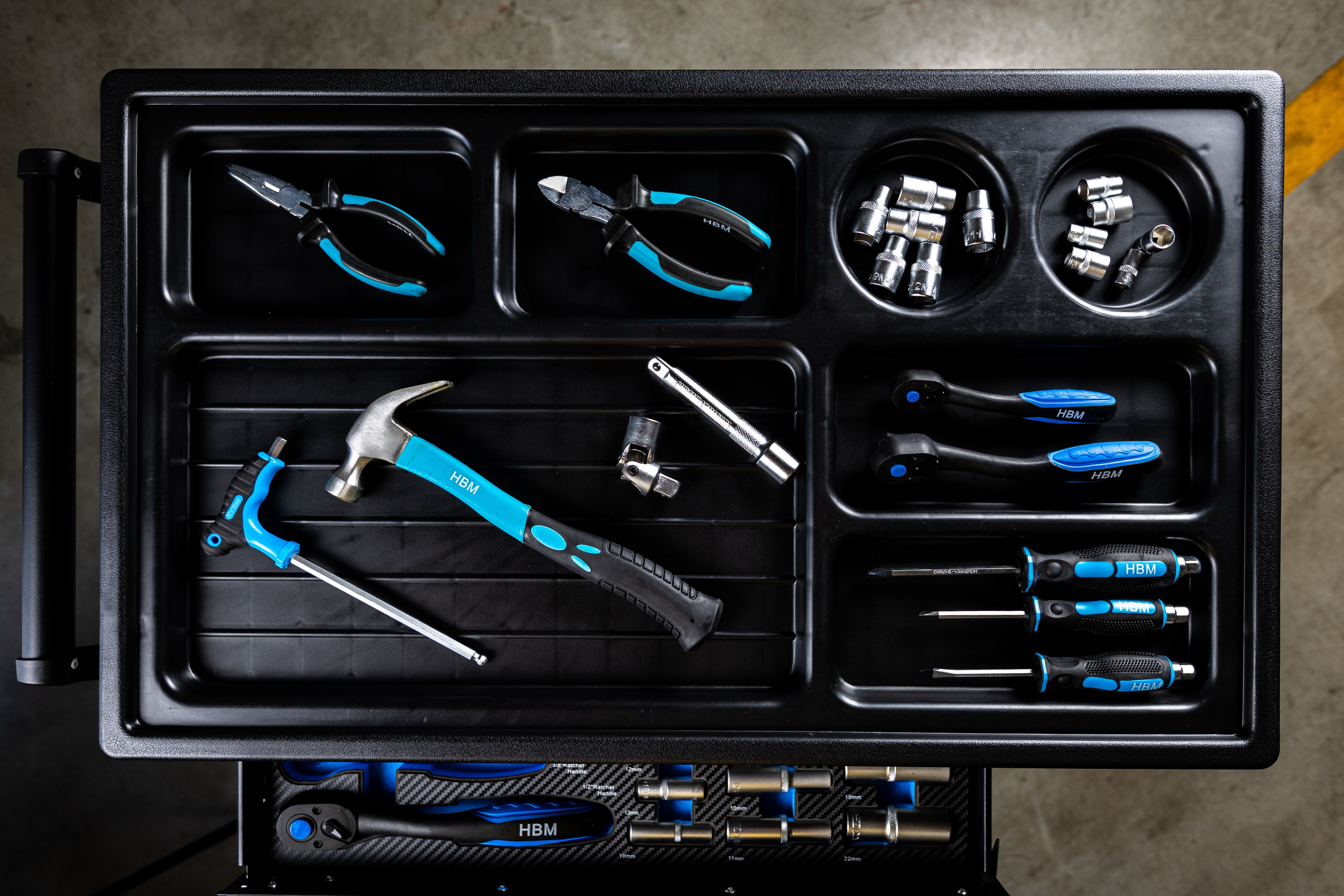 Carrello completo di attrezzi set 245 pezzi con 7 cassetti 6 scomparti e ruote da officina Carbon premium Olanda