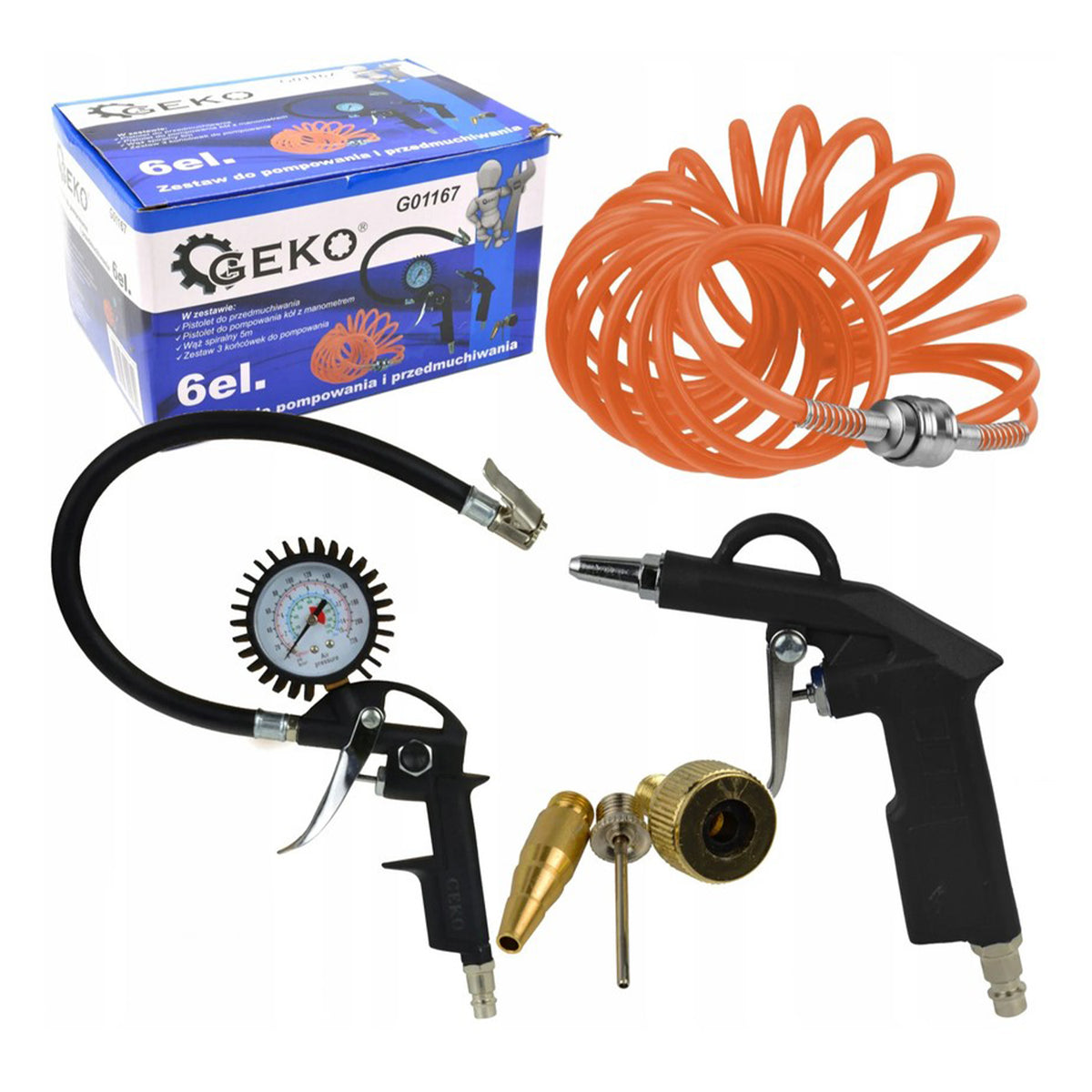 Set-kit 6 accessori per compressore , inclusi gonfiagomme con manometro, pistola di soffiaggio e a spruzzo per vernice, tubo a spirale, Geko