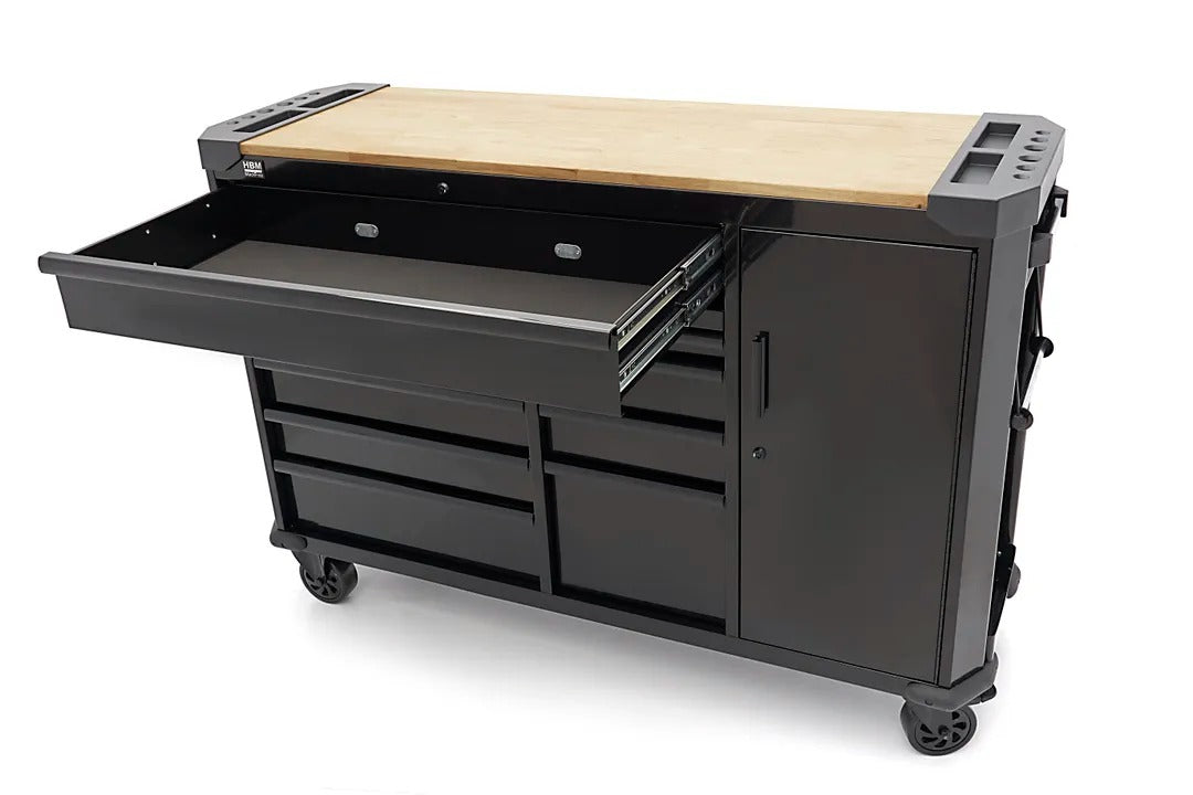 Carrello portautensili metallico professionale officina con 10 cassetti e ruote-mobile 147 cm con piano di lavoro in legno massiccio HBM Olanda