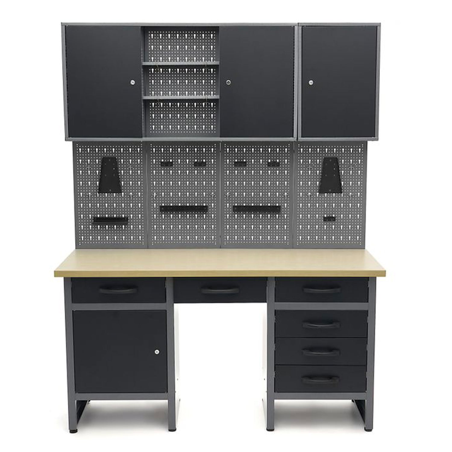 Arredamento modulare per officina, set di mobili da lavoro con 6 cassetti 160cm, attrezzatura per officina e banco da lavoro nero/grigio, 2 armadietti portautensili chiudibili a chiave, parete forata per strumenti con ganci, Hbm